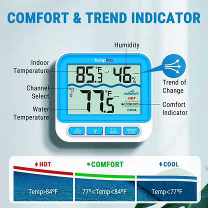 TempPro Waterproof Wireless Pool Thermometer Easy Read, Digital Pool Thermometer Floating for Swimming Pool, Hot Tub, Cold Plunge, Pond, Upgraded IPX8 Water Temperature Monitor (Previously ThermoPro)