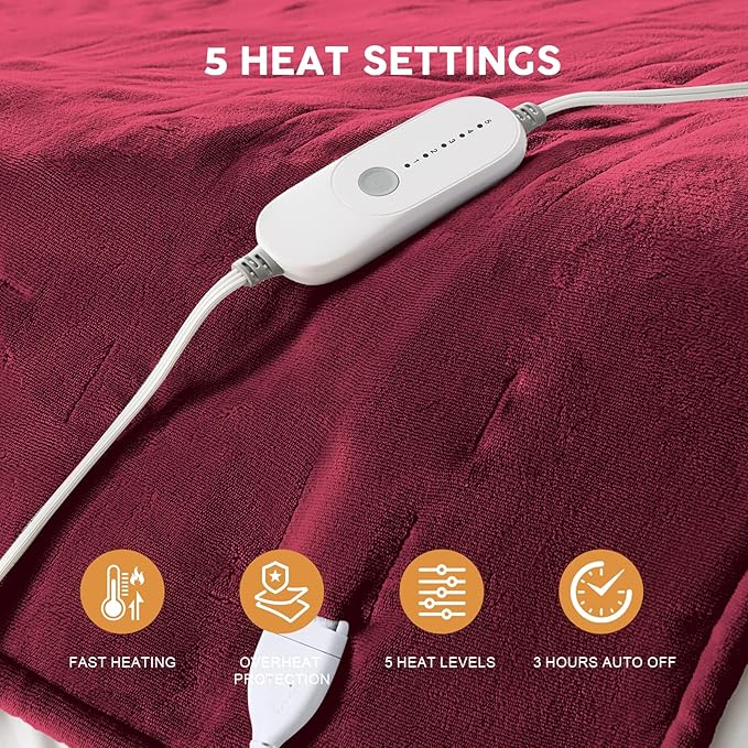 HYLEORY Heated Electric Blanket Queen 84"x90" Soft Fleece & Flannel with 5 Heating Levels & 10 Hours Timer Auto Shutt Off, ETL Certified, Washable，Heated Blanket for Body-Red
