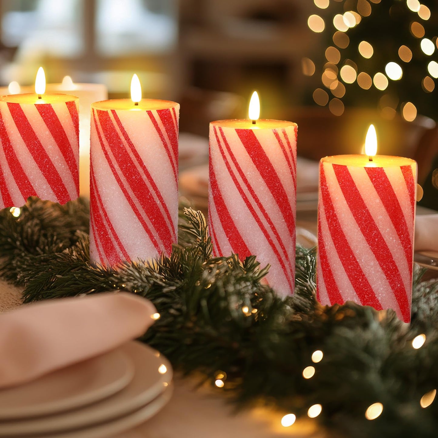 Glooglitter Set of 3 Christmas Flameless LED Candle Frosting Candy Cane Stripe Holiday Pillar Taper Moving Candles Battery Operated Flame Candle with Remote Control for Home Xmas Wedding Decoration