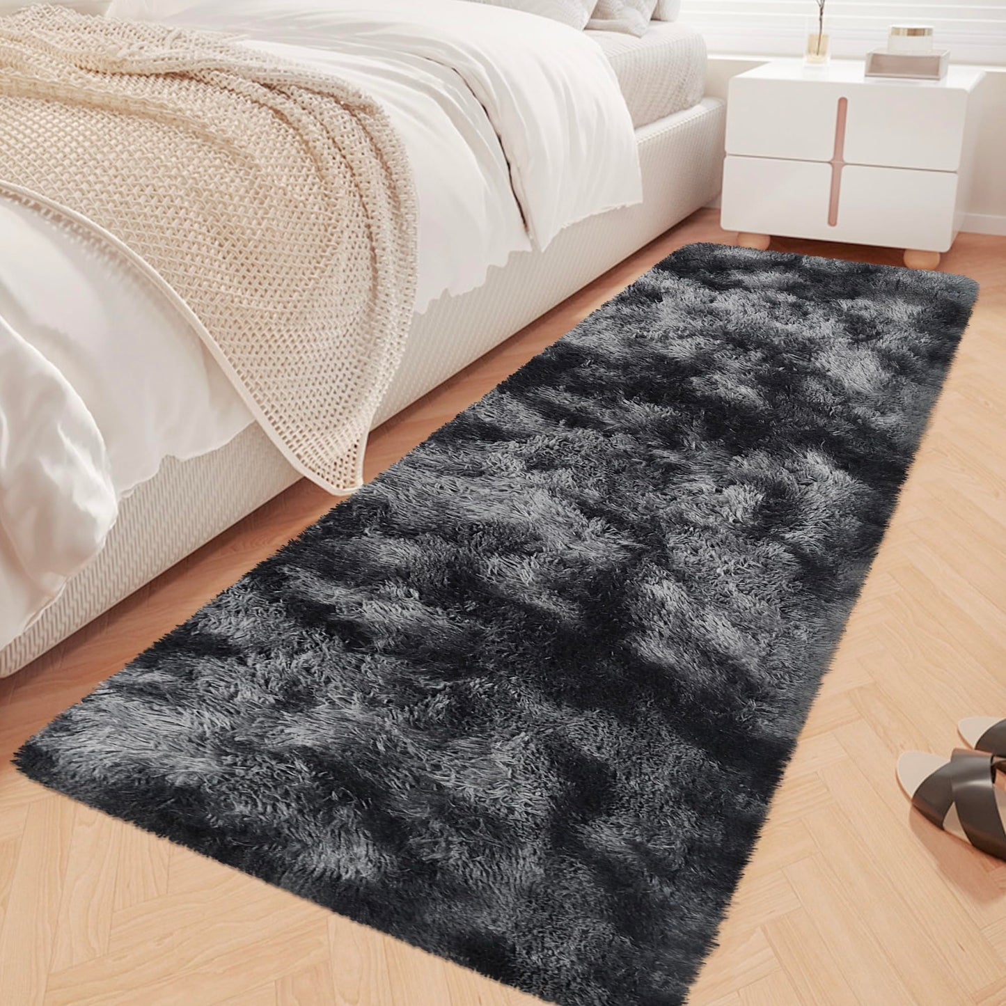 JiaoBaba Tie-Dyed Runner Rug for Bedroom Black Grey 2x6ft Fluffy Area Rug Bedside Runner Rug for Kids Room Boys Teens Nursery Baby Living Room Dorm Home Decor Carpets