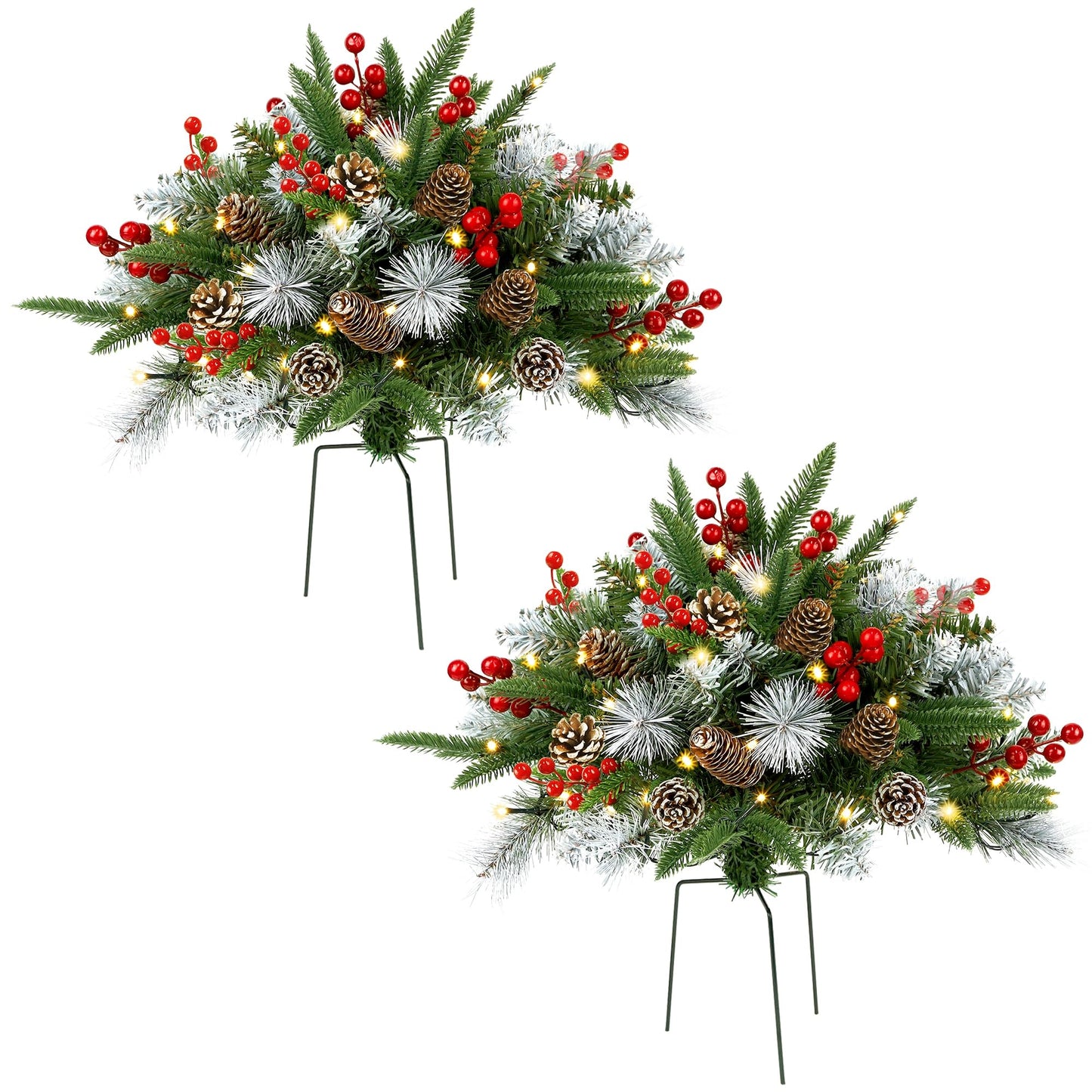 Teoytm Outdoor Urn Filler, Set of 2 Lighted Outdoor Christmas Tree, Battery Operated Christmas Porch Decorations for Driveway, Yard, Garden, Flower Beds
