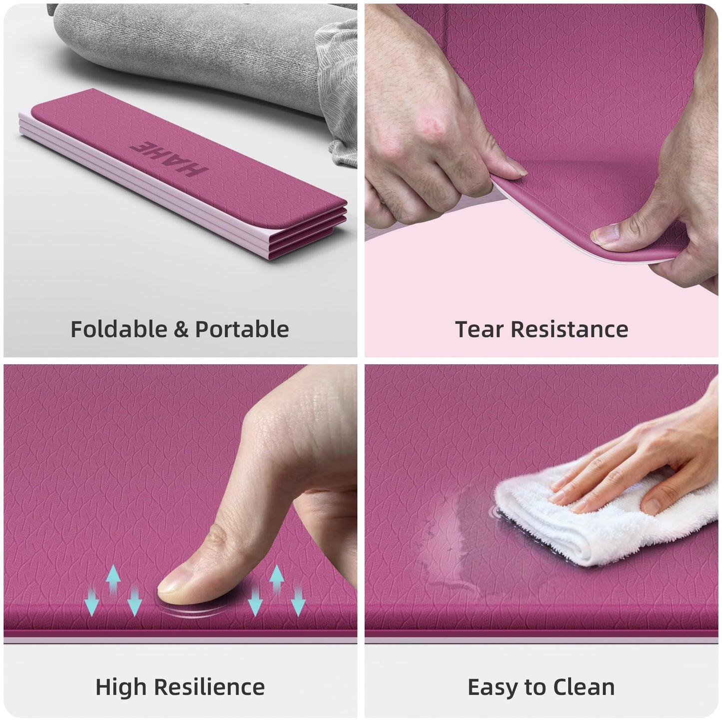 HAHE Extra Wide Folding Exercise Mat 75"x40"x0.4" TPE Fitness Mat, High Density Non-Slip Yoga Mat for Home Gym, 7-Fold Portable for Women, Men, Strength Training, Travel, Floor Exercises (Deep Pink & Light Pink)
