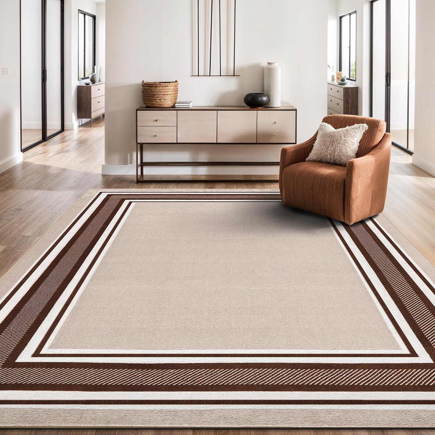 Beverly Rug Non Slip Area Rugs 3x5 Modern Bordered Non Skid Rubber Backing Soft Area Rug for Living Dining Room Easy to Clean Non Shedding Kitchen Bedroom Indoor Carpet 3 x 5 Beige-Brown