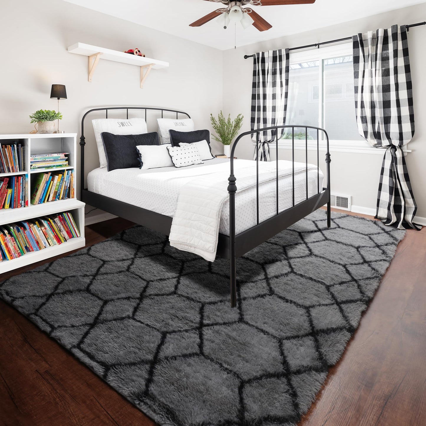 ONASAR 6x9 Area Rugs for Living Room Bedroom, Large Fluffy Grey and Black Throw Rug, Geometric Soft Plush Shaggy Fuzzy Floor Carpet for Nursery Kids Girls Boys Teen Dorm Home Office Decor Aesthetic