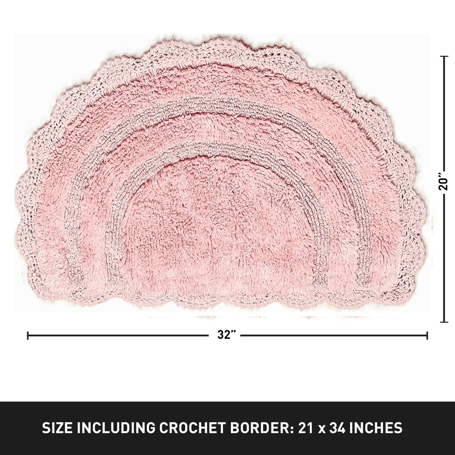 Chardin home Pink Crochet Bathrug,100% Cotton Semicircle bathmat with artisanally Handcrafted Crochet Border, 20x32 Inch D Shape, Perfect for Half Baths, Powder Rooms, bathrooms