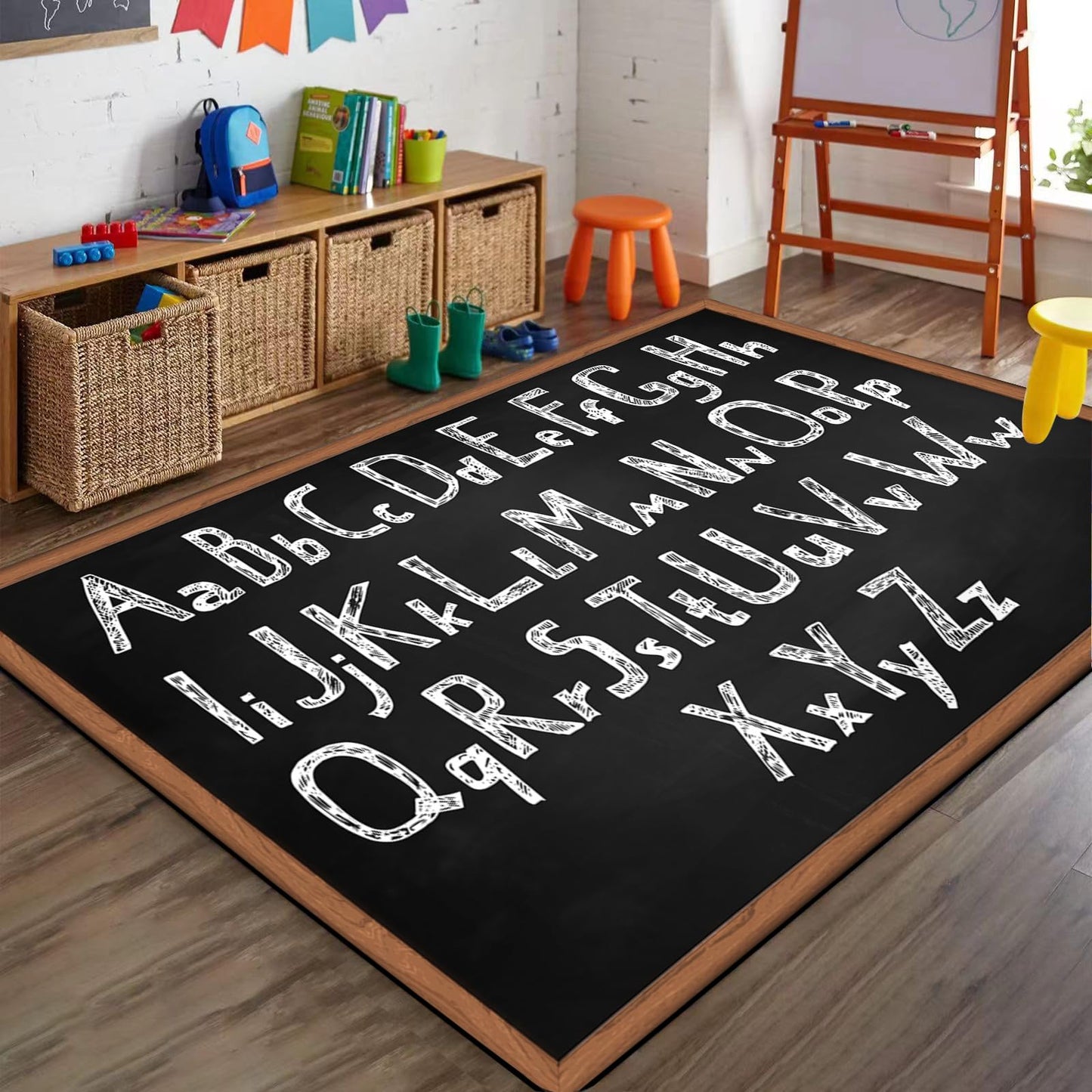 Classroom Wall Art Area Rug, 6x8ft, ABC Alphabet Teaching Blackboard Creative Decoration Rugs, Breathable with Non Slip Backing Carpet, Washable Reduce Noise Mat for Sofa Bedside Family