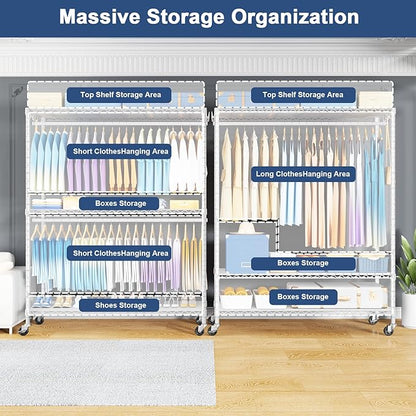 ULIFHOME P8C Max Heavy Duty Clothes Rack（With Extended Width Design） Rolling Clothing Racks for Hanging Clothes with Lockable Wheels，51.2"W x 15.8"D x 80.5"H，Load 800LBS，White Rack with White Cover