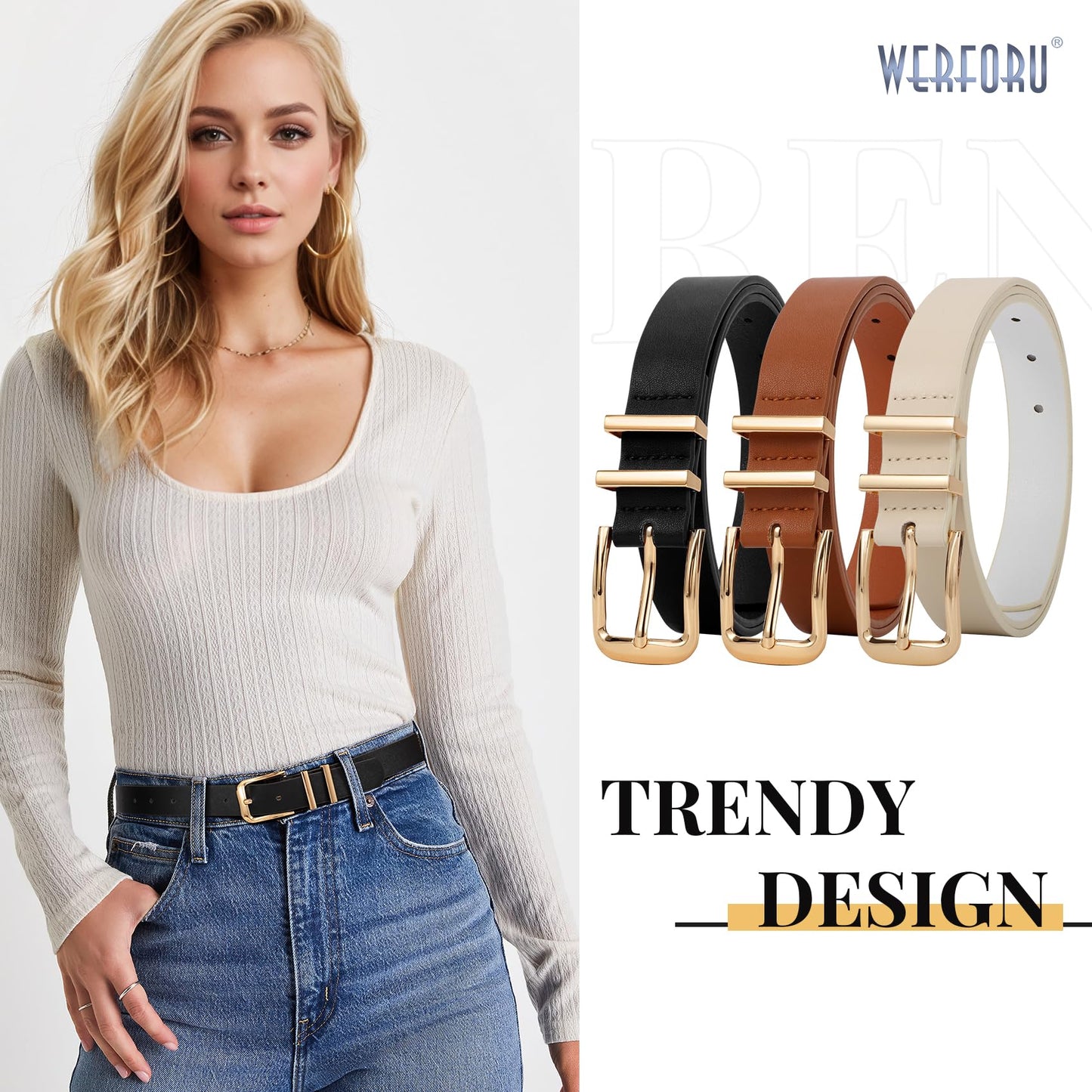 WERFORU 3 PACK Women Belt Women Fashion Leather Belts for Jeans Pants Ladies Belts with Gold Buckle,A-Black+Brown+Beige,Fit Waist Size 37-41 Inches