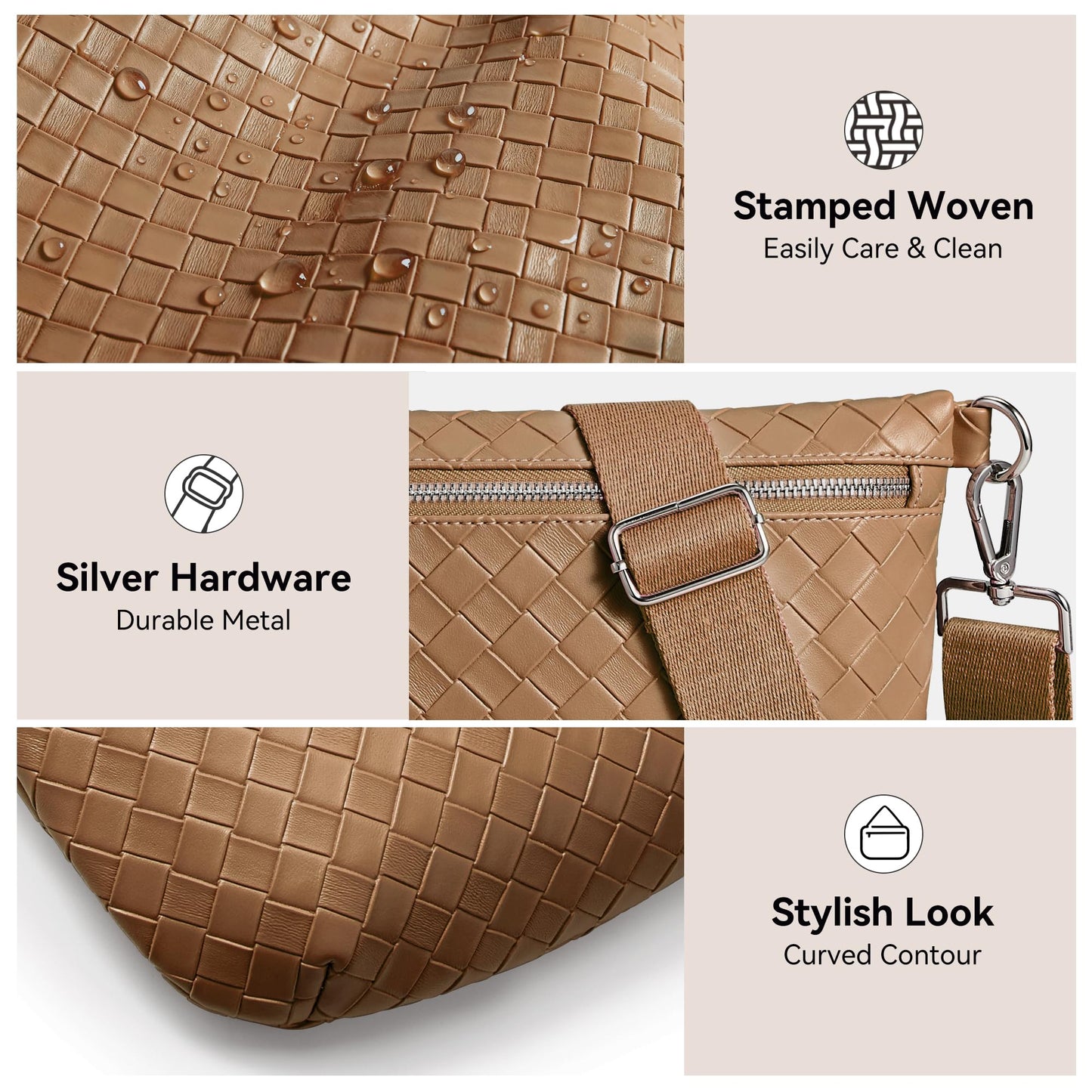 KALIDI Woven Crossbody Bags for Women Travel Vegan Leather Fanny Packs for Woman Cross Body Purse Fashion Belt Bum Bag with Wide Strap