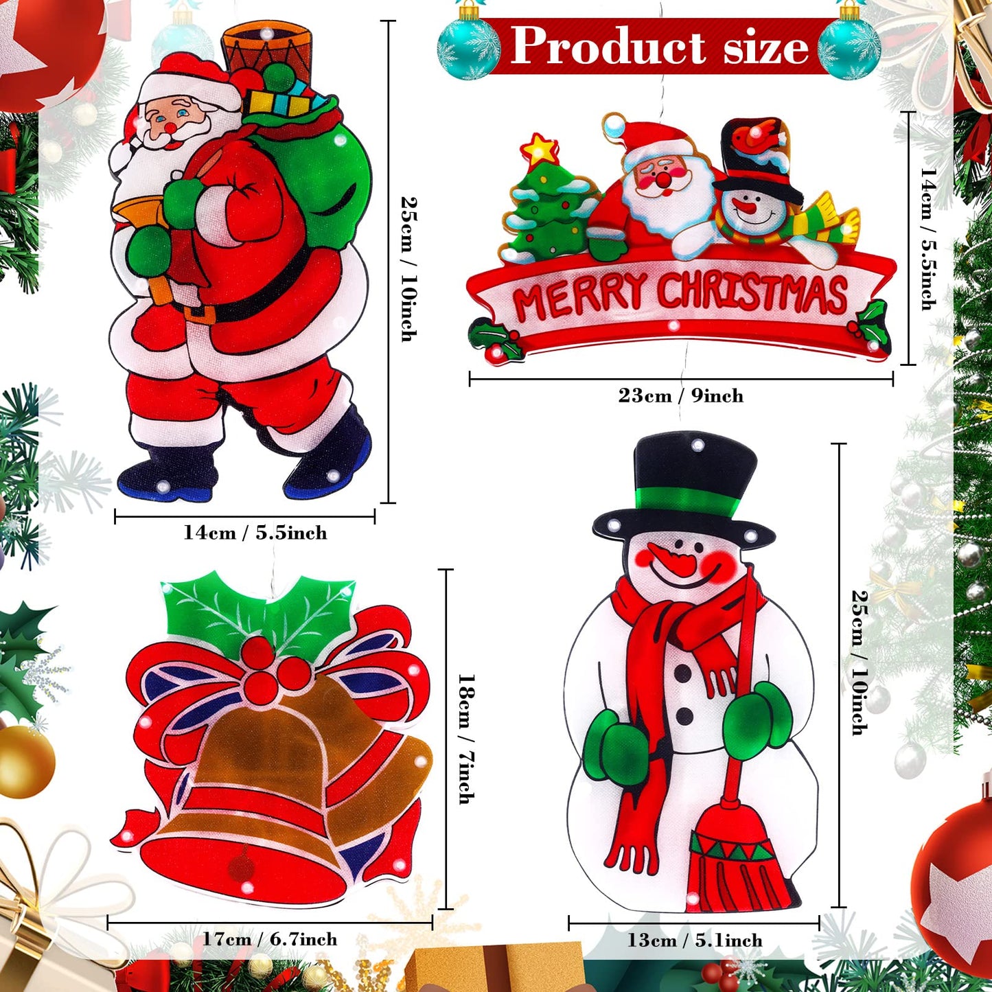 4 Pieces Christmas Window Decorations - Light up Christmas Decorations with Suction Cup for Holiday Outdoor Indoor Decor
