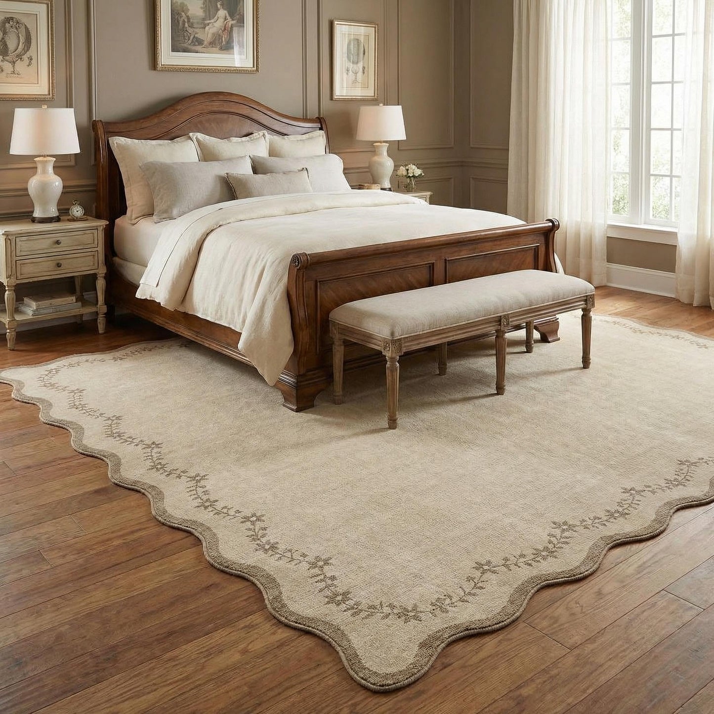GarveeHome Scalloped Area Rugs 8x10 for Living Room, Solid Tan Jute Large Washable Rug Soft Non Slip Backing Floor Mat Carpet Indoor Thin Rug for Bedroom Dining Room Playroom Nursery Home Decor