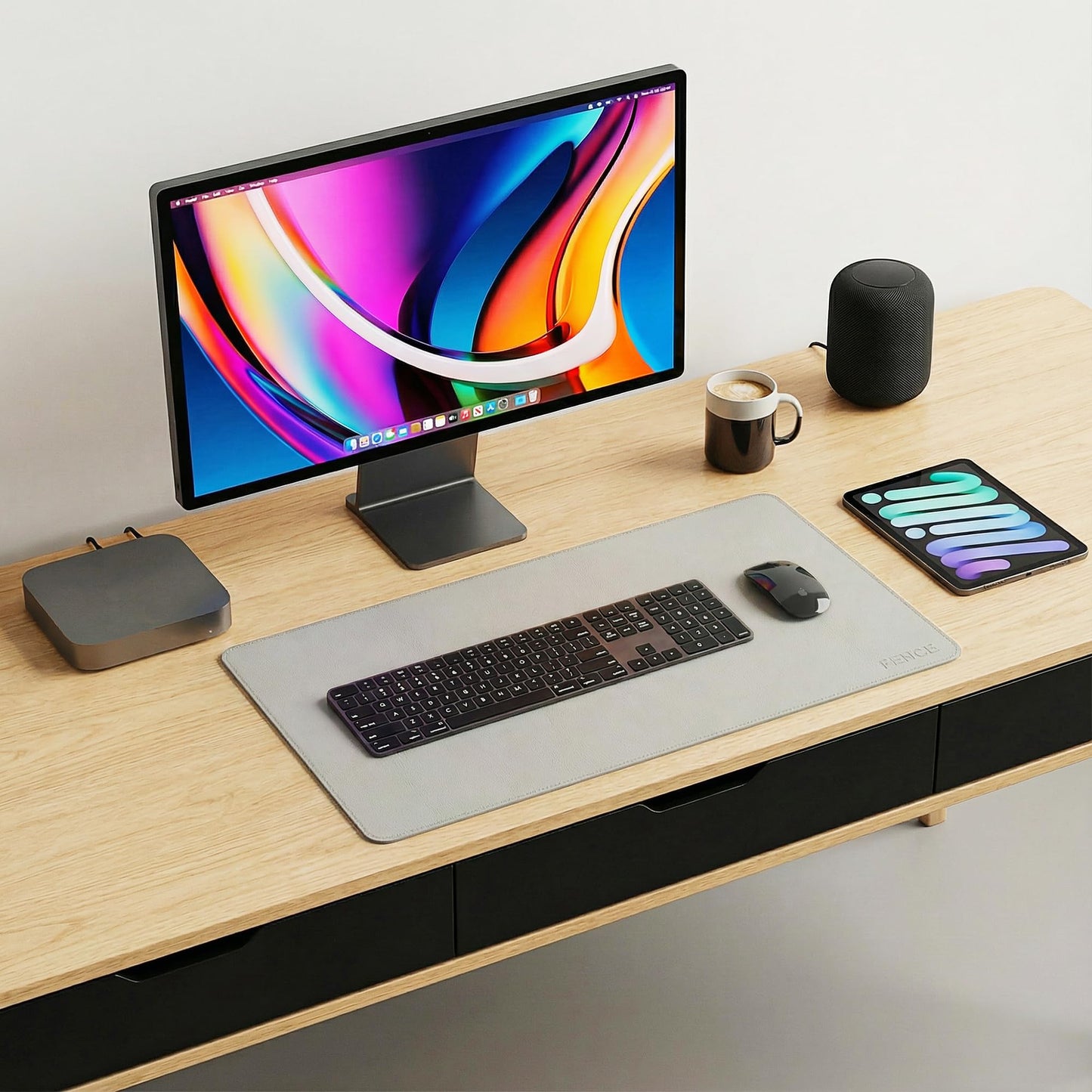 Fenge Desk Pad Mat, Water Resistant Mouse Pad, Double-Sided Mouse Mat with Anti-Slip Cork Base, Faux Leather Desk Blotter for Home Office, Laptop, Mouse, 23.6 x 13.8 Inches, Light Grey