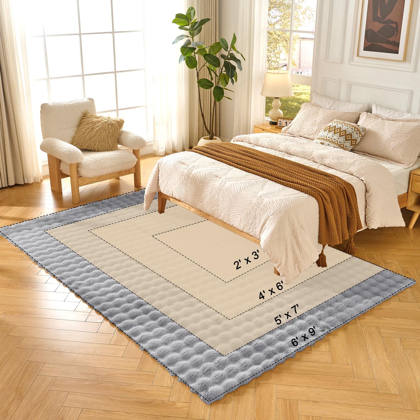 Lotus Karen Washable Area Rug, 3D Bubble Rug for Living Room, Bedroom, Faux Fur Carpet for Home Decor,4' W × 6' L, Light Grey