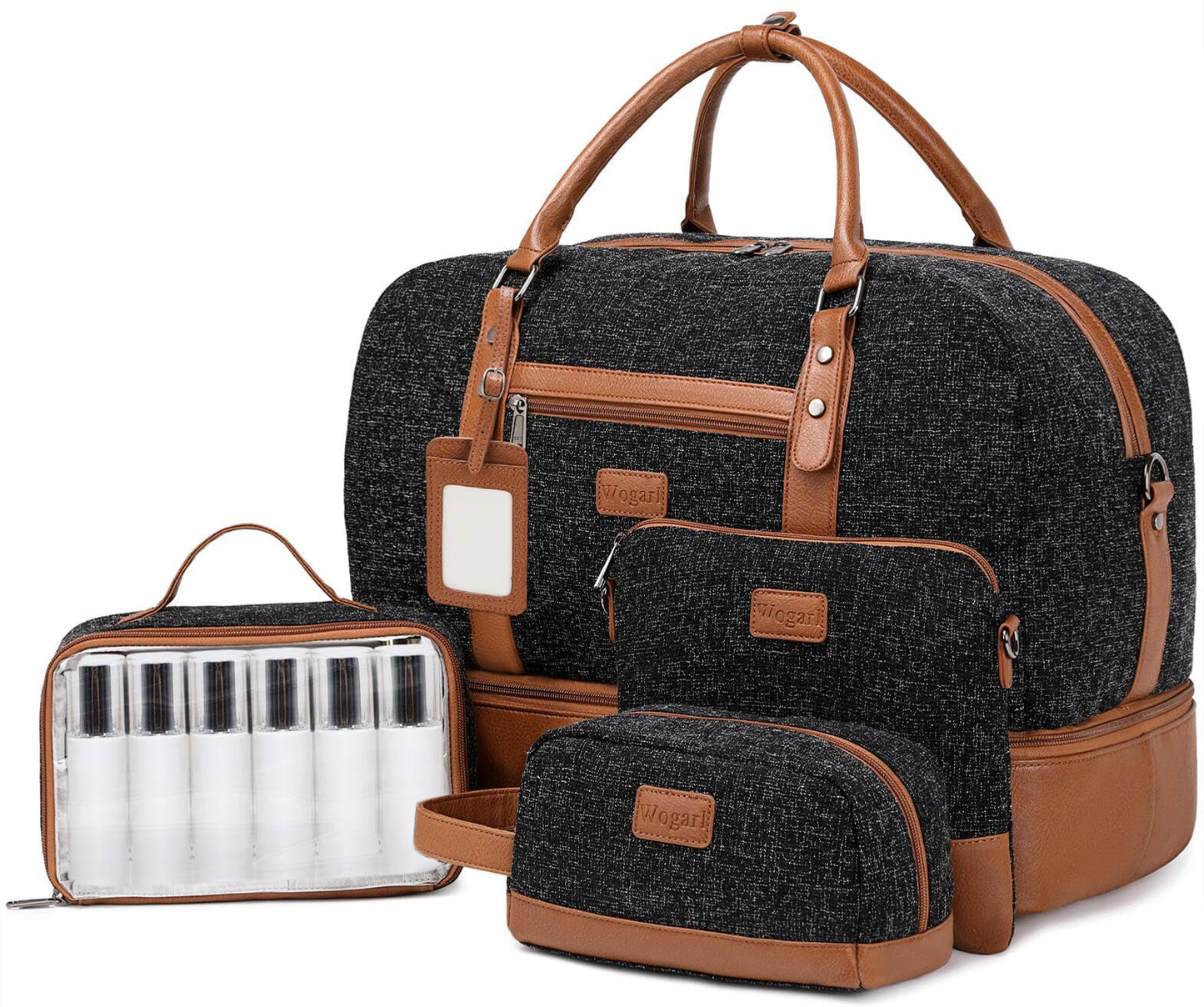 Wogarl 4PCS Weekender Bags for Women Large Overnight Bag Weekend Travel Duffel Bag Carry on Shoulder with Shoe Compartment Canvas Toiletry Bag for Travel Business Gym(Black)
