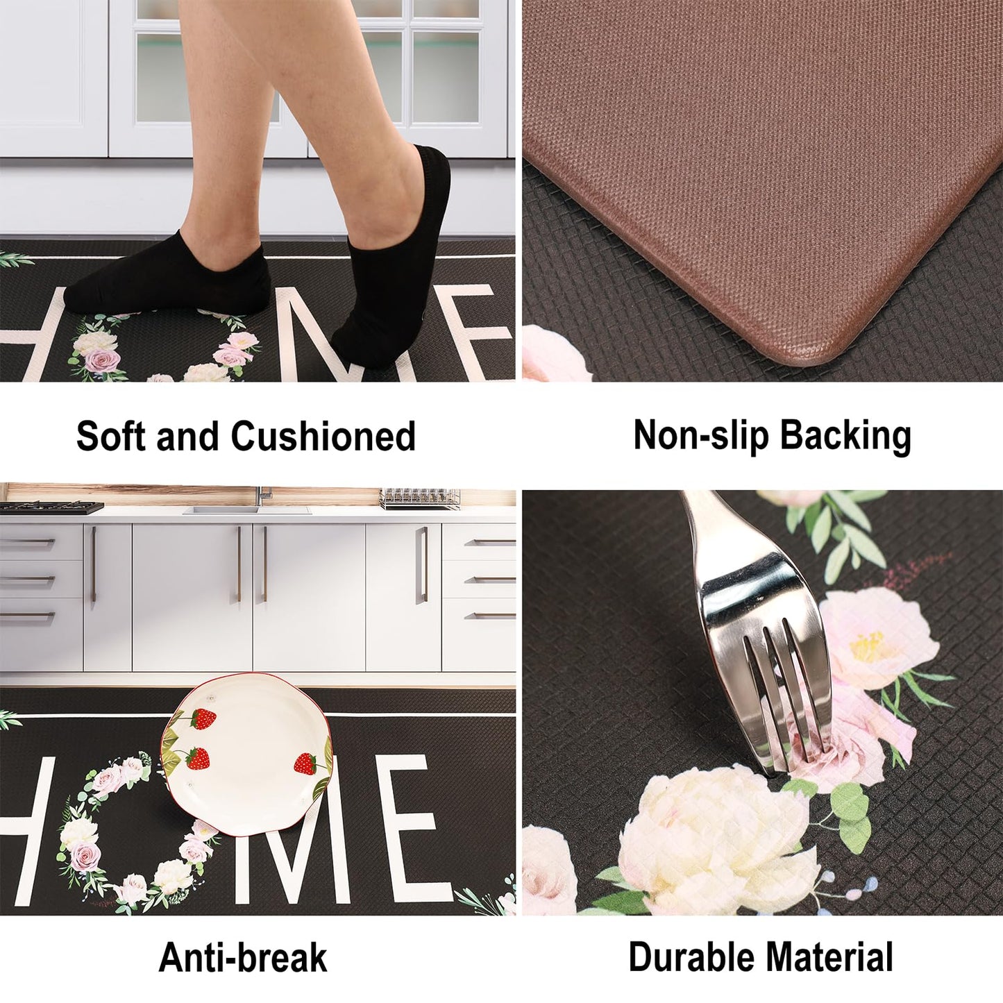 PCSWEET HOME Black Kitchen Mats for Floor 2 Piece Floral Anti Fatigue Mats for Kitchen Floor Kitchen Rugs Cushioned Anti Fatigue Waterproof for Kitchen, Laundry Room, 17.3"x30"+17.3"x47"