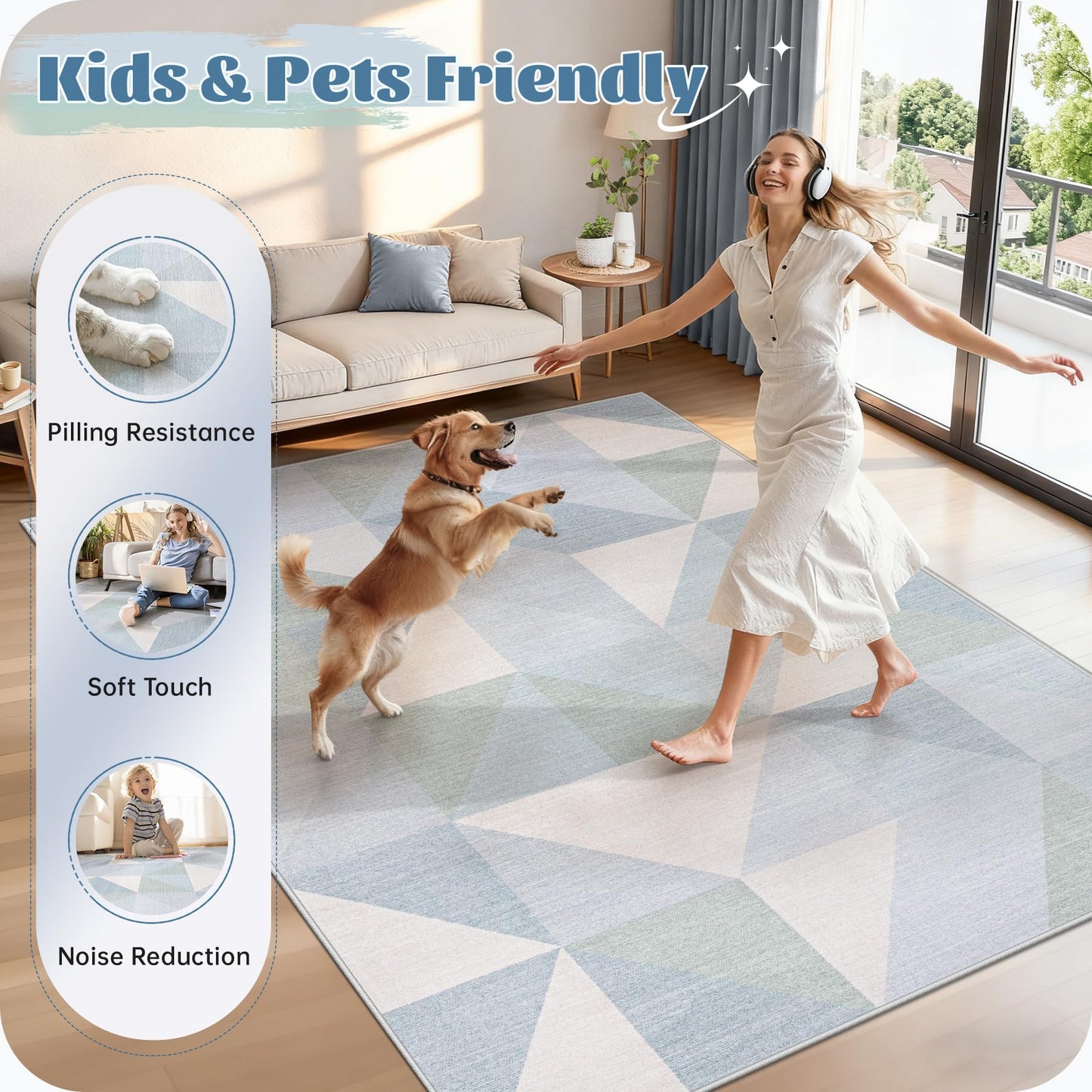 Washable Rug 6x9 Area Rugs: Modern Geometric Area Rug for Living Room Non-Slip Neutral Soft Carpet Low Pile Stain Resistant Indoor Rugs for Bedroom Nursery Dining Room Office (Light Blue, 6'X9')
