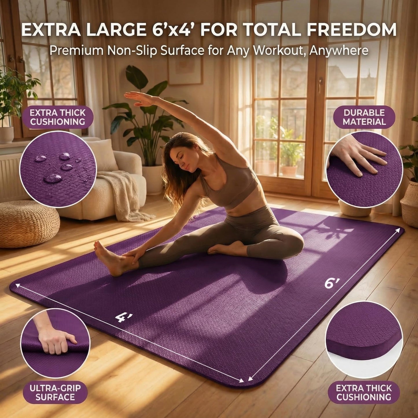 FrenzyBird Large Yoga Mat 6‘ x 4’ x 1/4",Extra Wide Exercise Mat Large Exercise Mat Big Home Yoga Mat Pilates Mat,Non Slip,Thick,TPE Workout Mat,for Women & Men, Yoga, Pilates, Gym and Floor Workouts