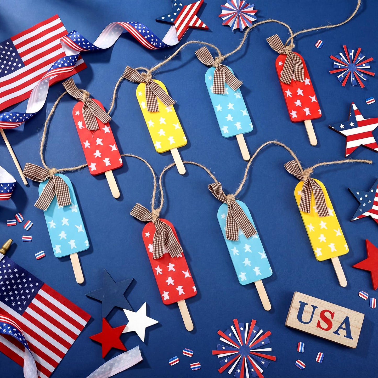 HunnmingRe Summer Patriotic Garland 10 ft 4th of July Red Blue White Yellow Banner American Summer Ice Cream Hanging Decoration for 250th Anniversary Independence Day Home Mantel Wall Party Supplies