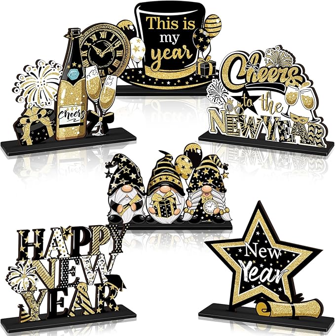 Realspring 6 Pc Happy New Years Table Decorations, New Year 2026 Wooden Table Centerpieces, Black Gold 2026 Party Supplies, Eve Party Supplies