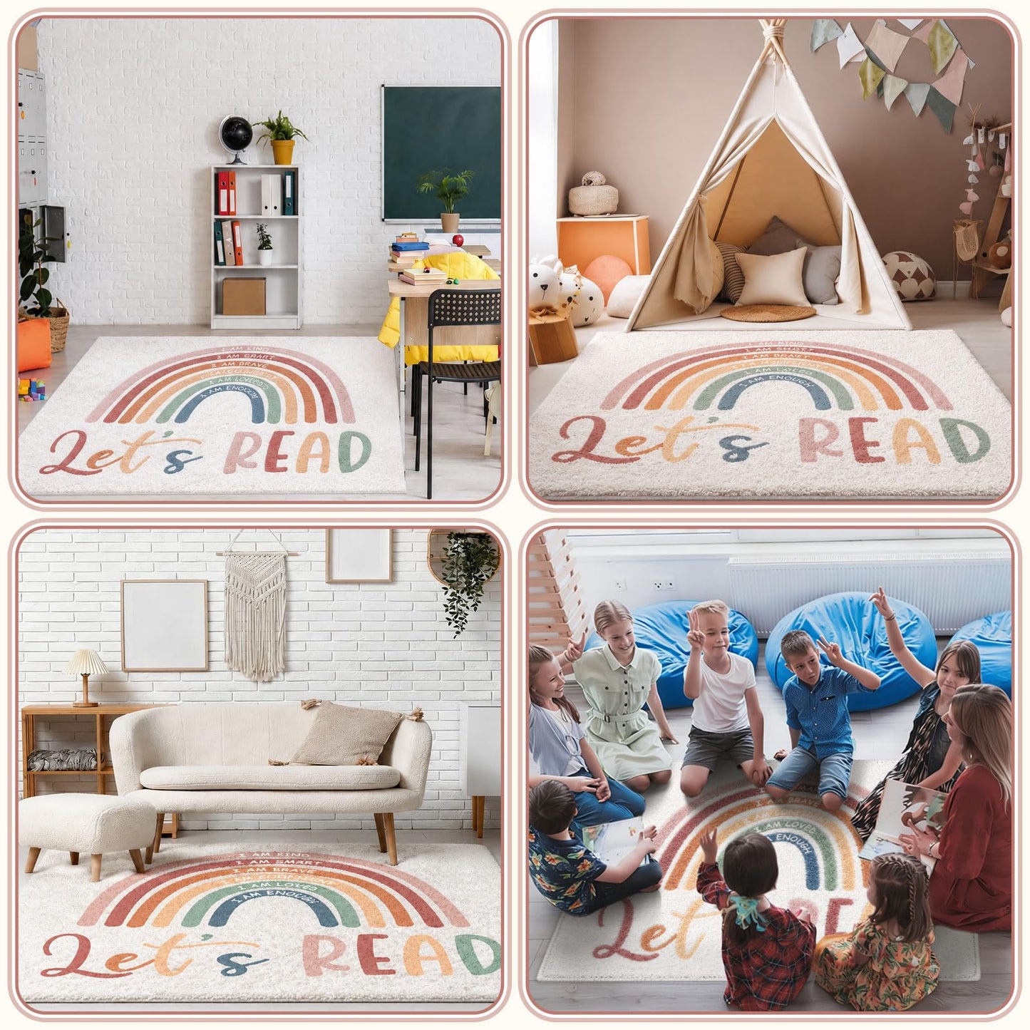 3.3x4 ft Boho Rainbow Classroom Rug Let's Read Motivational Area Rug Back to School Floor Mat Reading Corner Decor Non-Slip Play Carpet for Calming Corner Library Nursery Playroom Bedroom Living Room