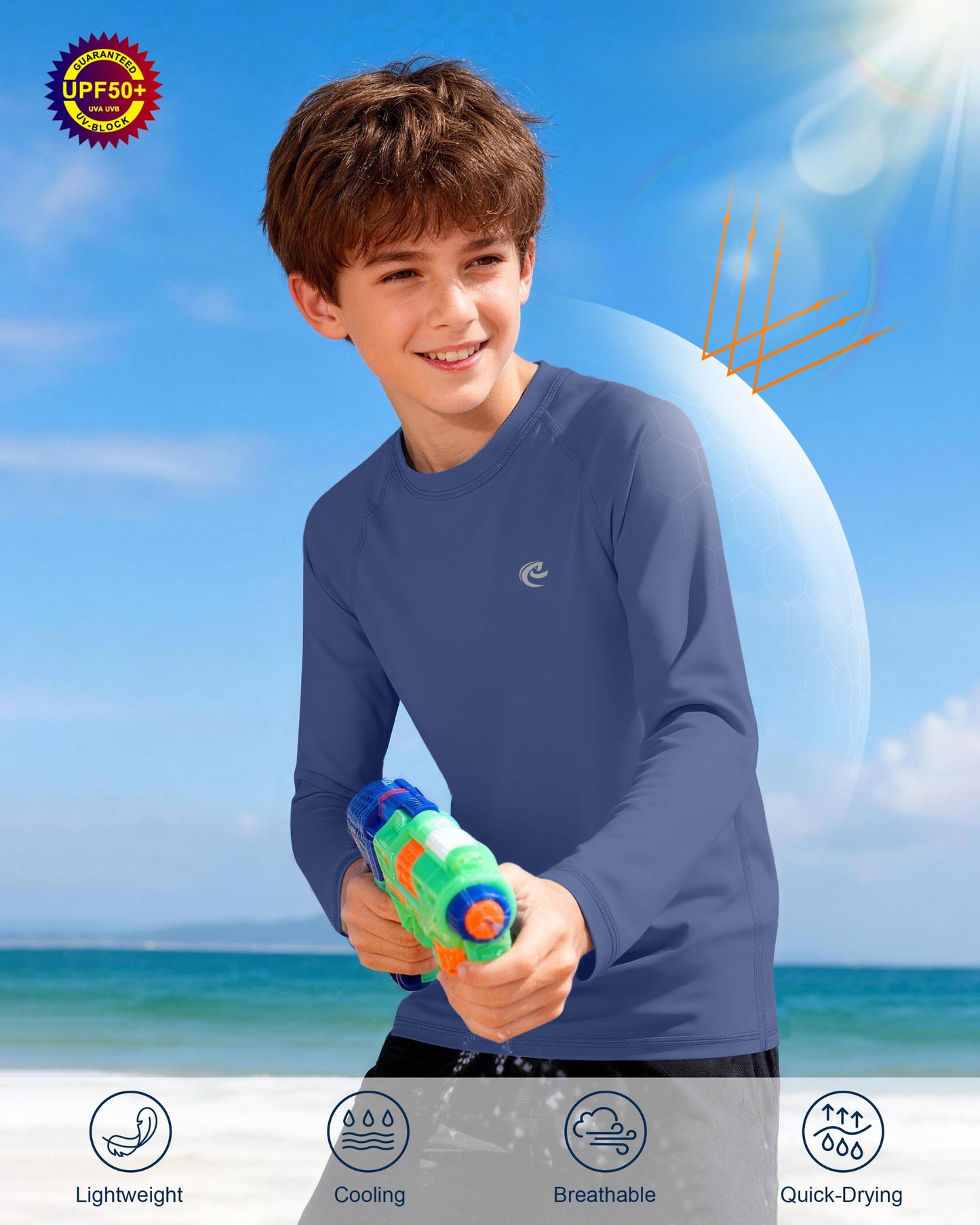 Boys UPF 50+ Swim Shirt Long Sleeve, 1 or 2 Pack UV Sun Protection Rash Guard, Youth Kids SPF Water Shirts for Beach Surf