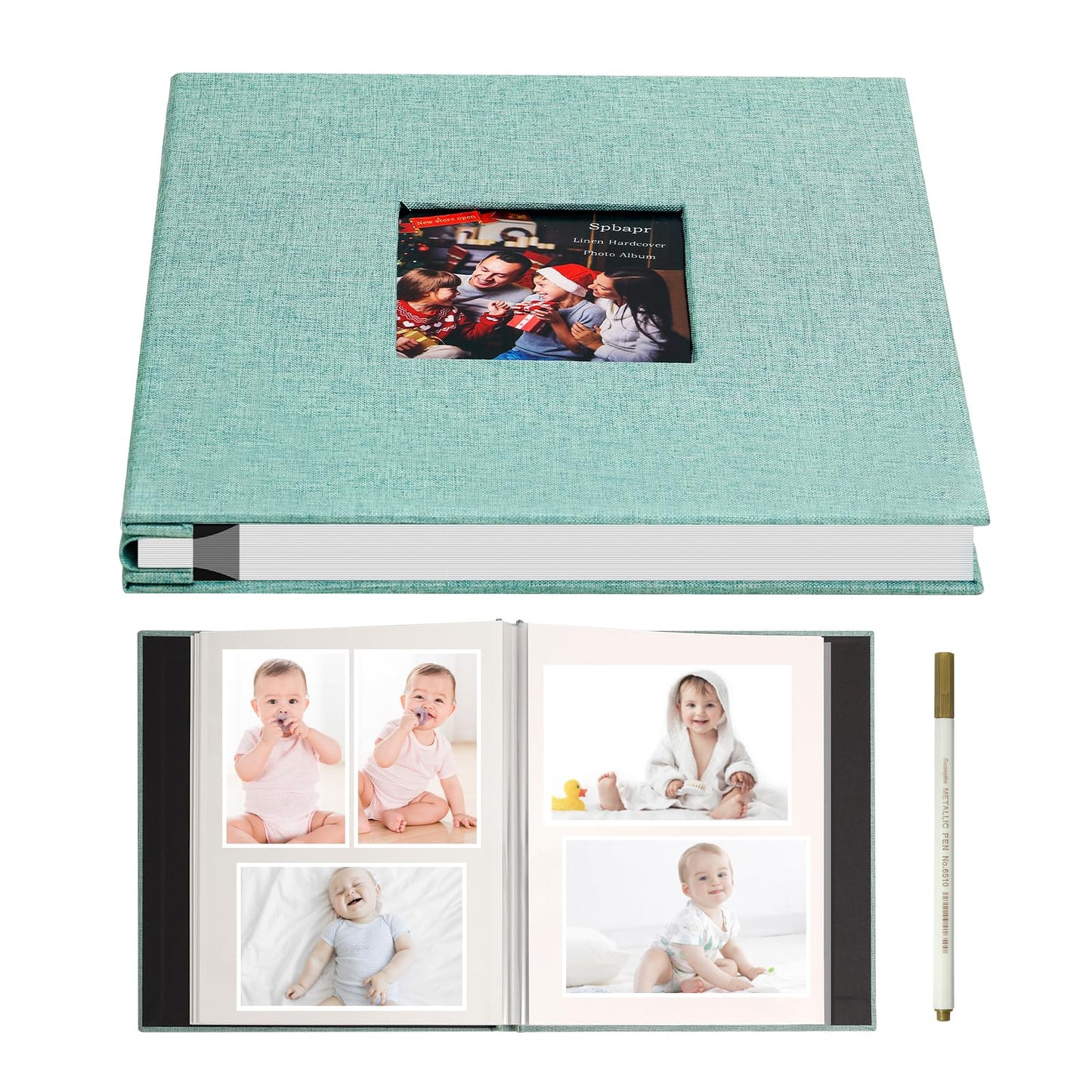 Spbapr Large Photo Album Self Adhesive 3x5 4x6 5x7 8x10 Pictures Magnetic Scrapbook 40 Blank Pages Linen Cover DIY Album with A Metal Pen Turquoise