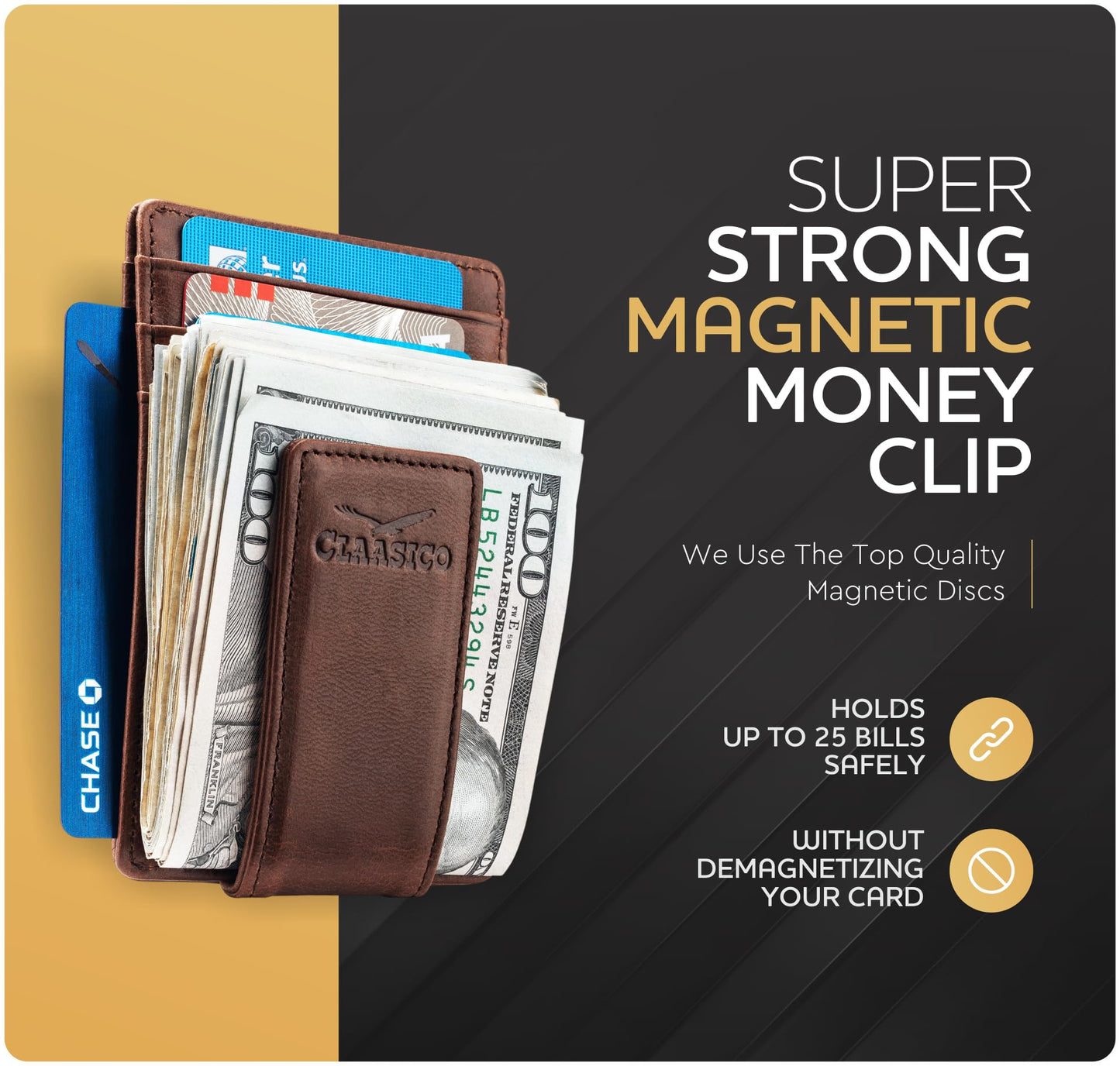 Claasico Money Clip Leather Wallet For Men Slim Front Pocket RFID Blocking with Super Strong Magnetic
