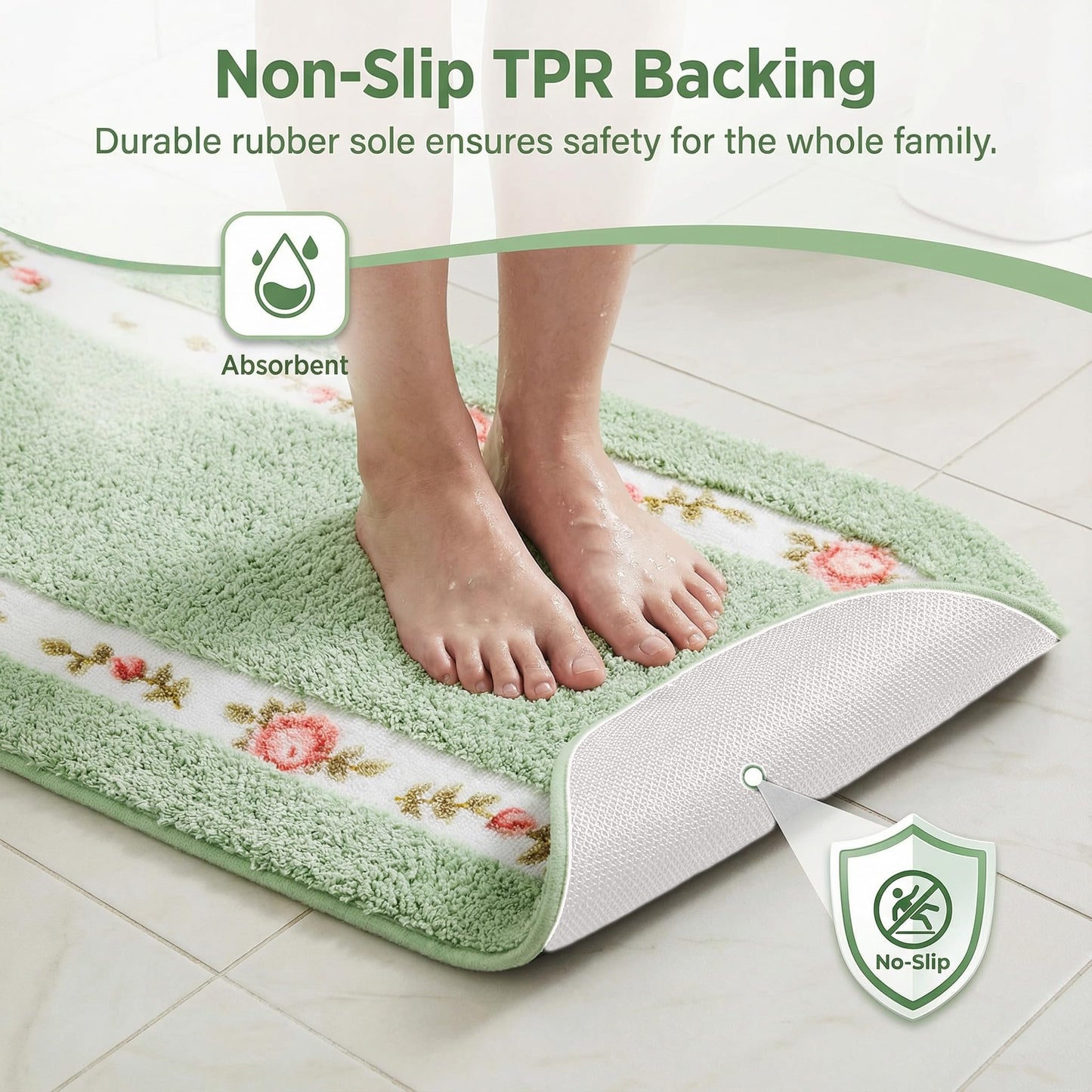 Stay Young Decorative Rose Flower Area Rug,Floral Bedroom Living Room Bathroom Kitchen Rugs Bath Mat,Romantic Fade-Resistant Rose Design,Super Soft and Non Slip,Green 17.71 x 49.21 Inch