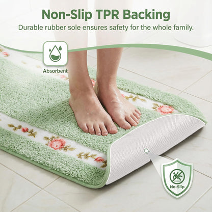 Stay Young Decorative Rose Flower Area Rug,Floral Bedroom Living Room Bathroom Kitchen Rugs Bath Mat,Romantic Fade-Resistant Rose Design,Super Soft and Non Slip,Green 17.71 x 49.21 Inch