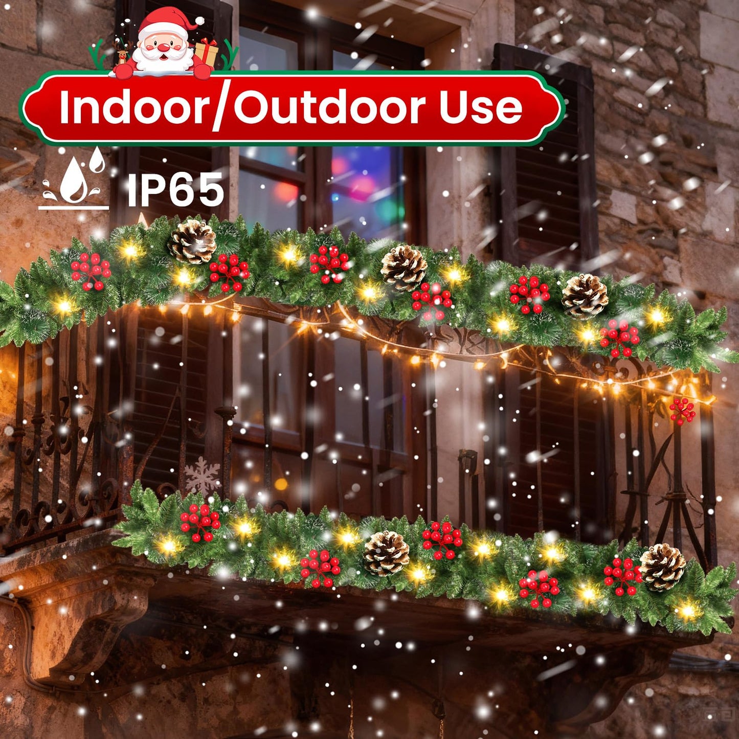 Christmas Garland, JTSIOV 9ft Artificial Christmas Tree Garland with 9ft Lights, Pine Cones, Red Berries, Branch Tips, Waterproof Christmas Decoration for Stairs, Fireplace, Door, Xmas Trees, Garden