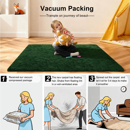 Ehayx Dark Green Rugs for Bedroom, 2x3 Fluffy Area Rugs for Living Room, Small Fuzzy Shag Soft Carpet with 4 Non-Slip Adhesive Strips for Kids Boys and Girls Nursery Dorm Home Decor (2ft X 3ft)