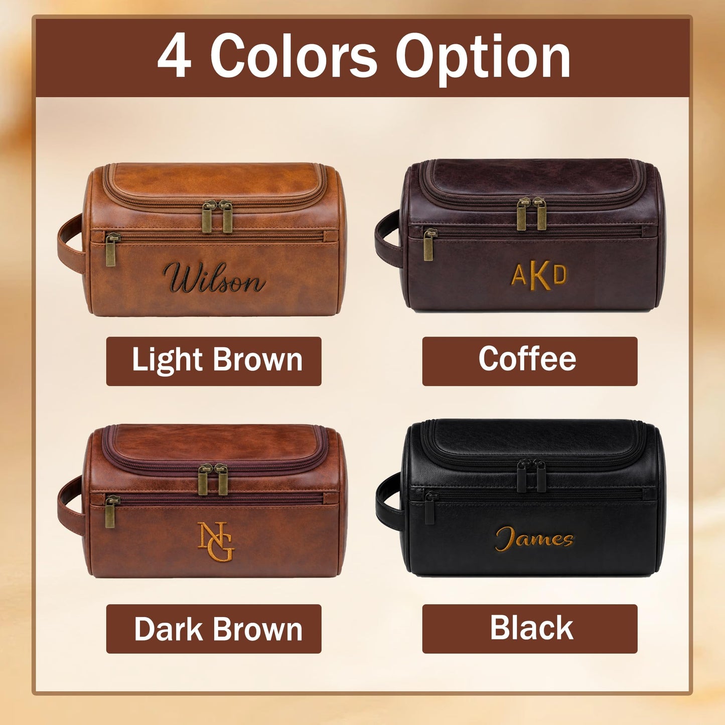 JAXVVIQEN Personalized Toiletry Bag for Papa, Custom Embroidery with Name Letter PU Leather Waterproof Toiletry Organizer Dopp Kit Travel Essential for Dad Grandpa Birthday Father's Day (Light Brown)