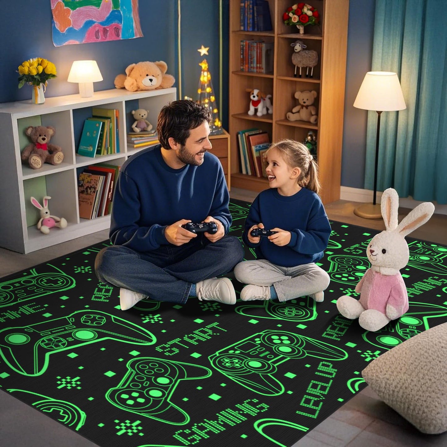 Blacklight Gaming Rug for Living Room Large Area Rug 47"x71" Fluorescent Green Gamer Rug for Boys Teen Room Decor Cool Game Controller Area Carpet for Bedroom Game Room Playroom Apt Dorm