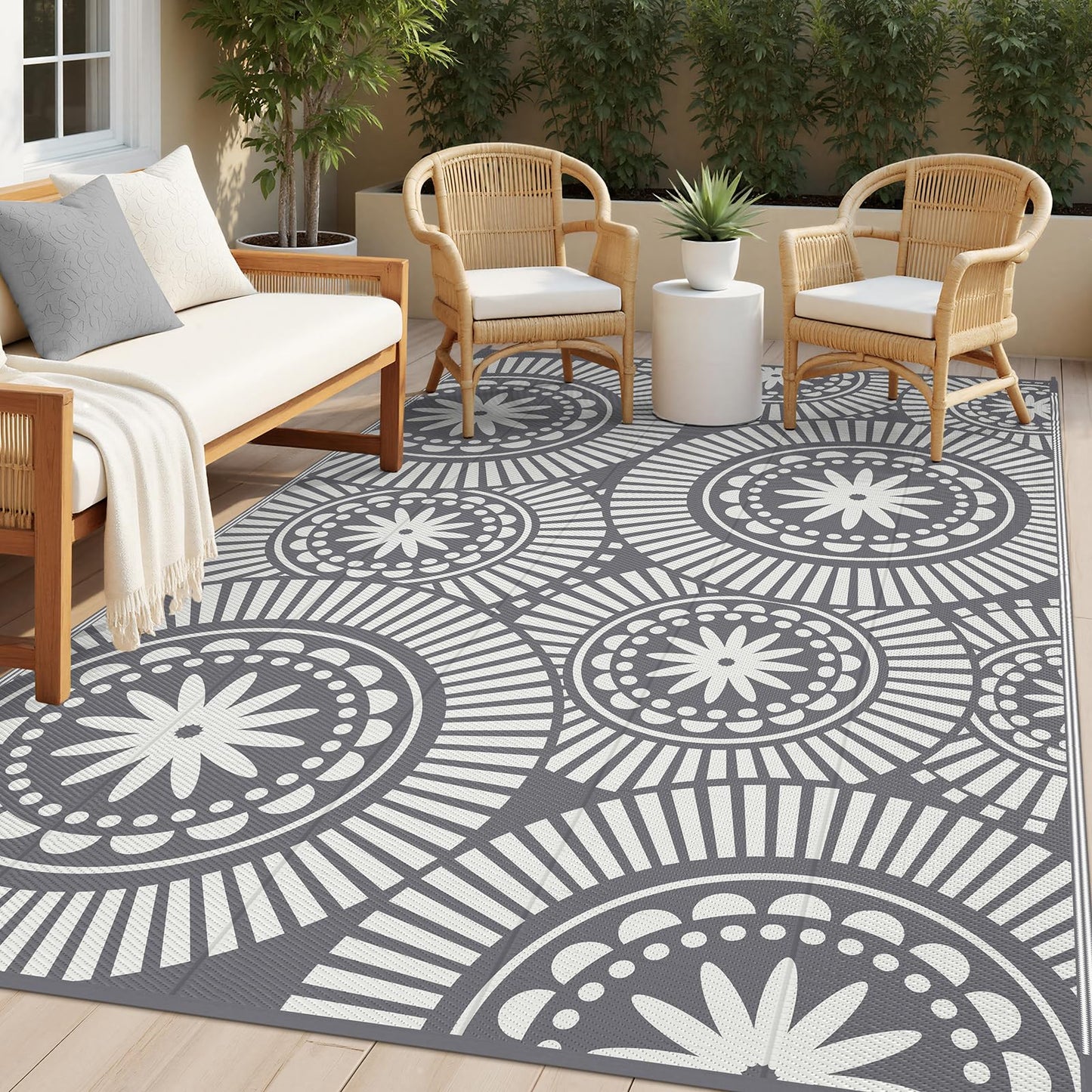 Ileading Outdoor Patio Rug Waterproof, Reversible Plastic Straw Mat, Grey Geometric Outside Carpet Quick Dry, Portable Area Rug for Deck Porch Balcony Camping RV (6×9 ft)