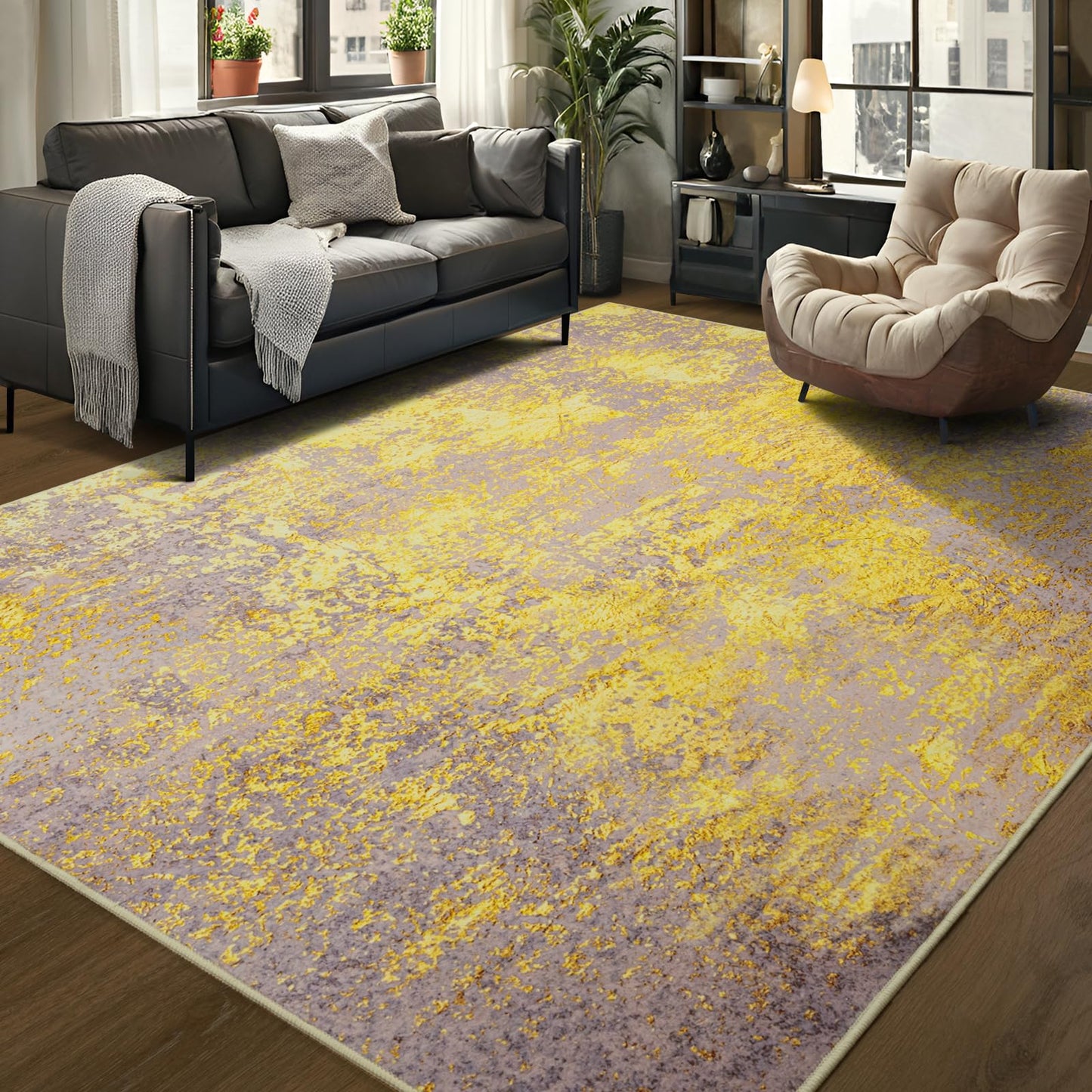 Merelax 5x7 Pink Yellow Living Room Area Rug, Large Washable Rugs for Bedroom Dining Room, Soft Boho Abstract Area Rugs, Modern Non Slip Low Pile Carpet for Office Study Kids Room