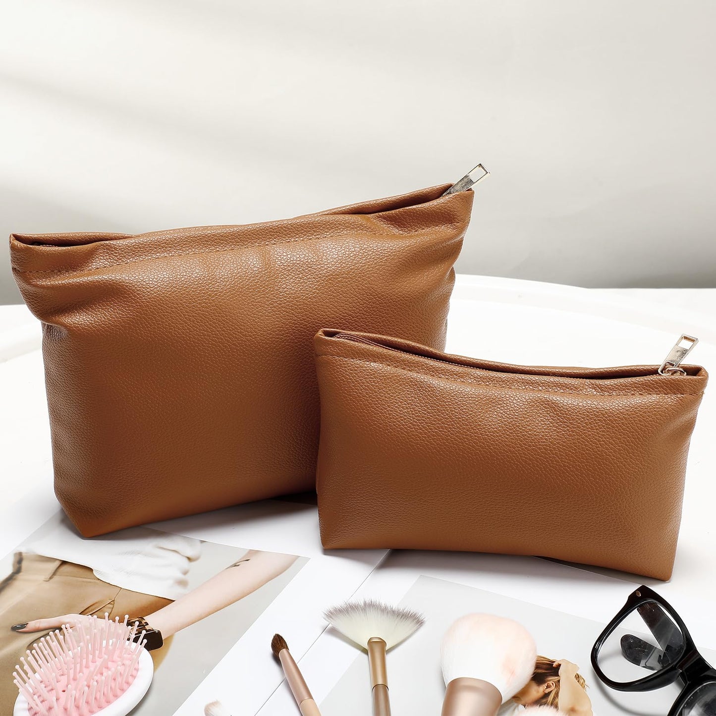 Kigeli 2 Pcs Small Makeup Bag Set for Purse PU Leather Cosmetic Bag Makeup Travel Toiletry Pouch Aesthetic Preppy Organizer Storage Pouch Gift for Teacher Mother Day Women(Brown)