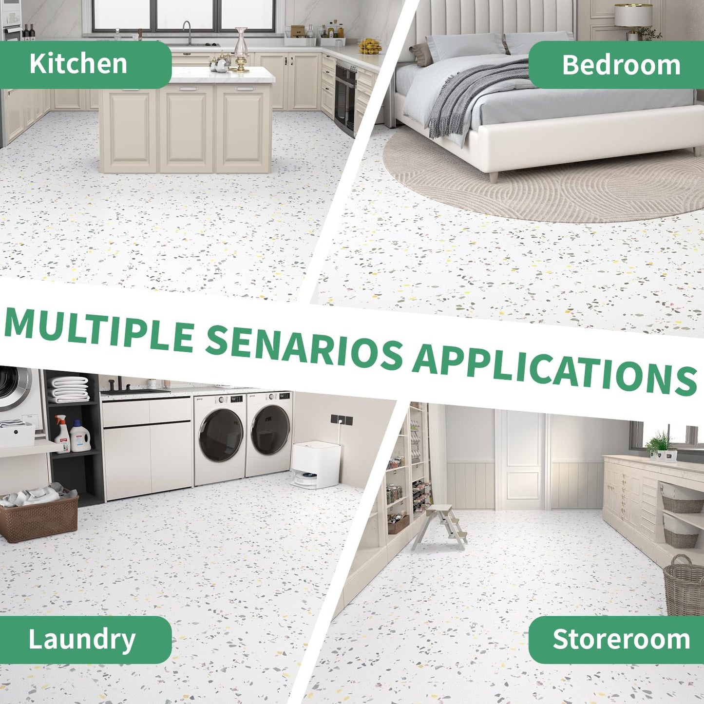 40-Pack 40 Sq.Ft Peel and Stick Floor Tiles Vinyl Matte Pattern Flooring, 12” x 12” Self Adhesive Vinyl Flooring DIY for Kitchen, Bathroom, Laundry, White Terrazzo Marble