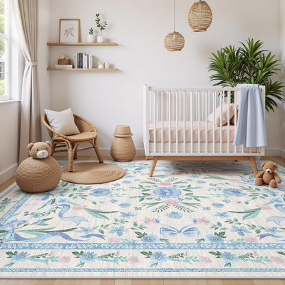 Blue Floral Rug 5x7 for Girls Bedroom or Nursery, Cute Bow Washable Area Rug, Ultra-Thin Non Slip Carpet for Kids Room, Dorm or Playroo