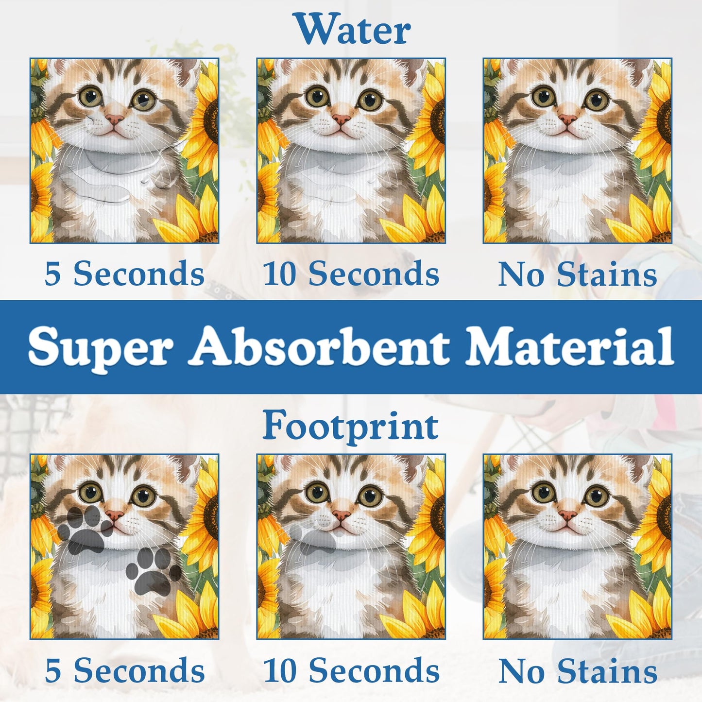Cute Cat Sunflower Pet Feeding Mat for Floors–Absorbent Quick Dry Dog Cat Bowl Mat for Food and Water, Non Slip Waterproof Base, Mess-Free Feeding Accessories 12"x20"