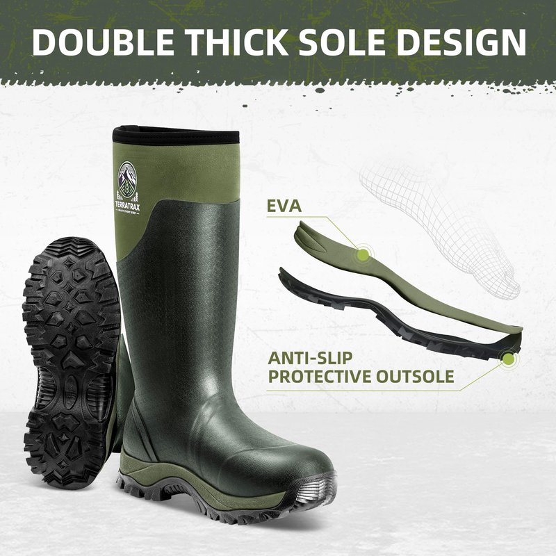 TerraTrax Men's Waterproof Insulated Rubber Hunting Boots – 6mm Neoprene Rain Boots for Outdoor Work, Fishing, Farming & Gardening Green Size 12
