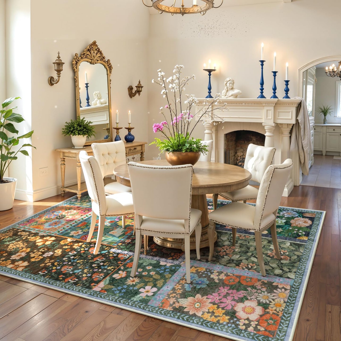 LIVEBOX 5x7 Washable Rug for Living Room, Soft Patchwork Dark Brown Rugs for Bedroom, Non Slip Ultra Thin Rug Botanical Stain Resistant Floor Carpet for Dining Room Home Office
