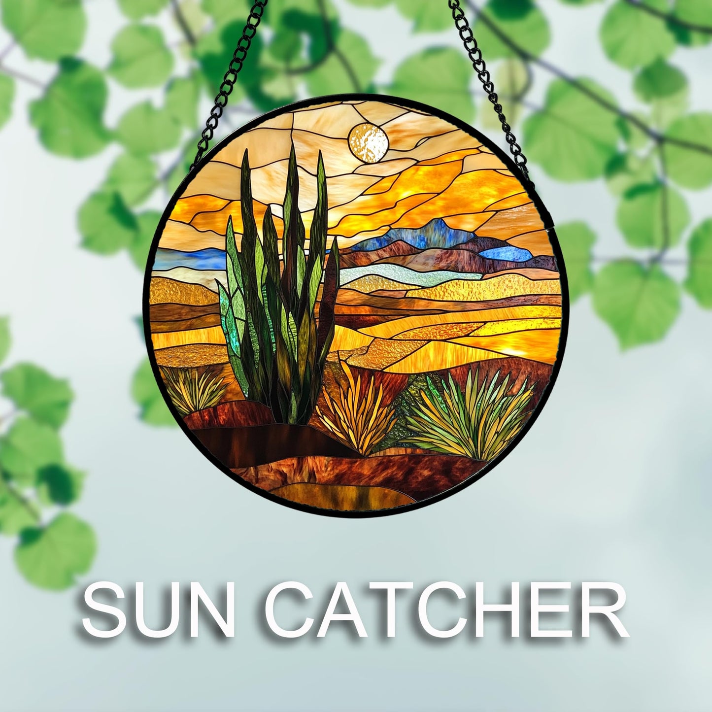 DASTOLL Stained Glass Window Hanging 4 Pcs Set Desert Sunset Theme Landscape 6.3" - Suncatcher Door Garden Sun Catcher Decor Birthday Christmas for Mom Woman Nana Men