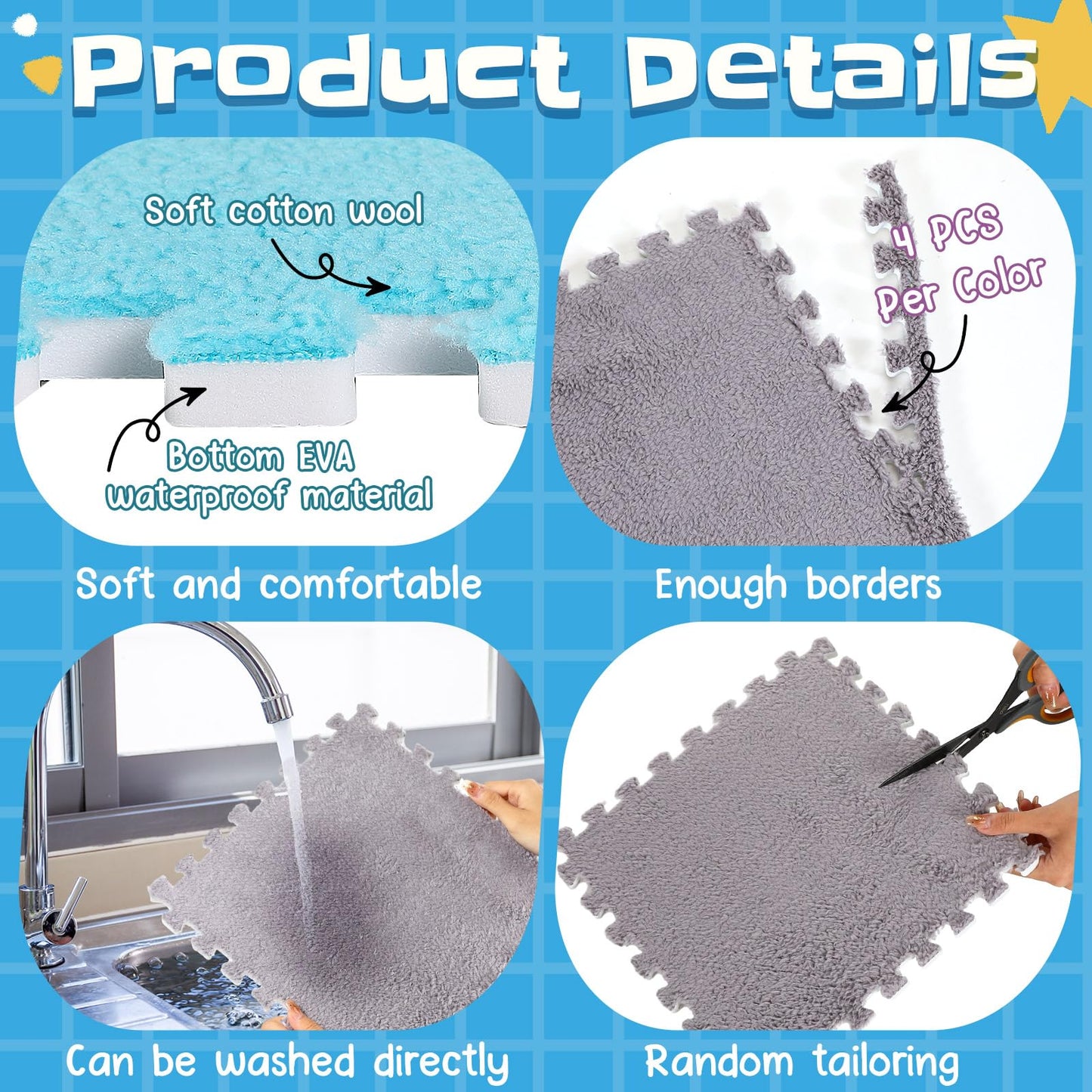 Timgle 18 Pcs Interlocking Carpet Plush Foam Shaggy Soft Square Carpet Tiles with Border 12" Fluffy Colorful Floor Mats 0.4" Thick Protective Puzzle Playroom Area Rug Playmat for Bedroom
