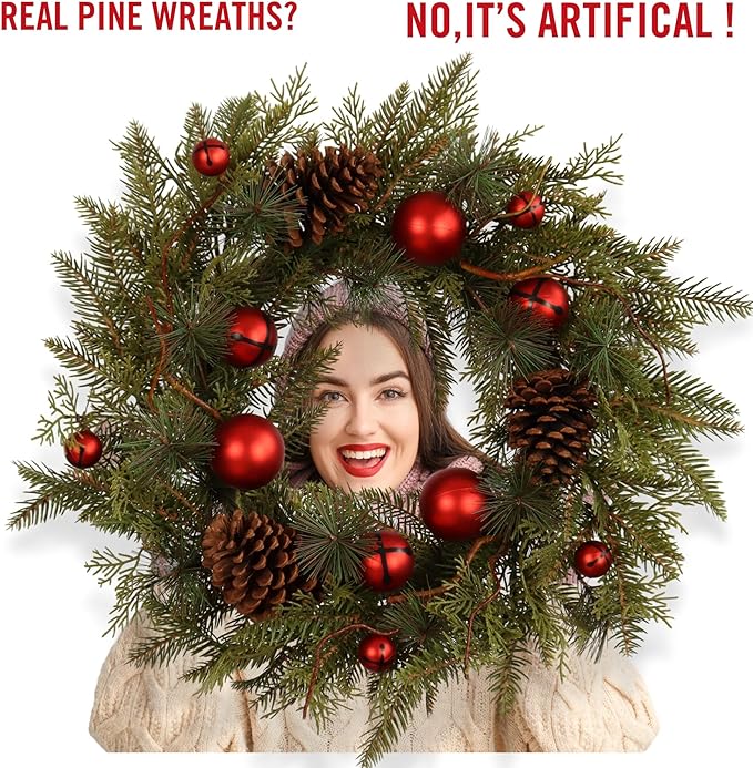 22-Inch Handcrafted Artificial Christmas Wreath with Pinecones, Red Ornaments, and Lifelike Pine Branches Winter Holiday Wreath for Front Door and Home Décor, Indoor/Outdoor Seasonal Décor