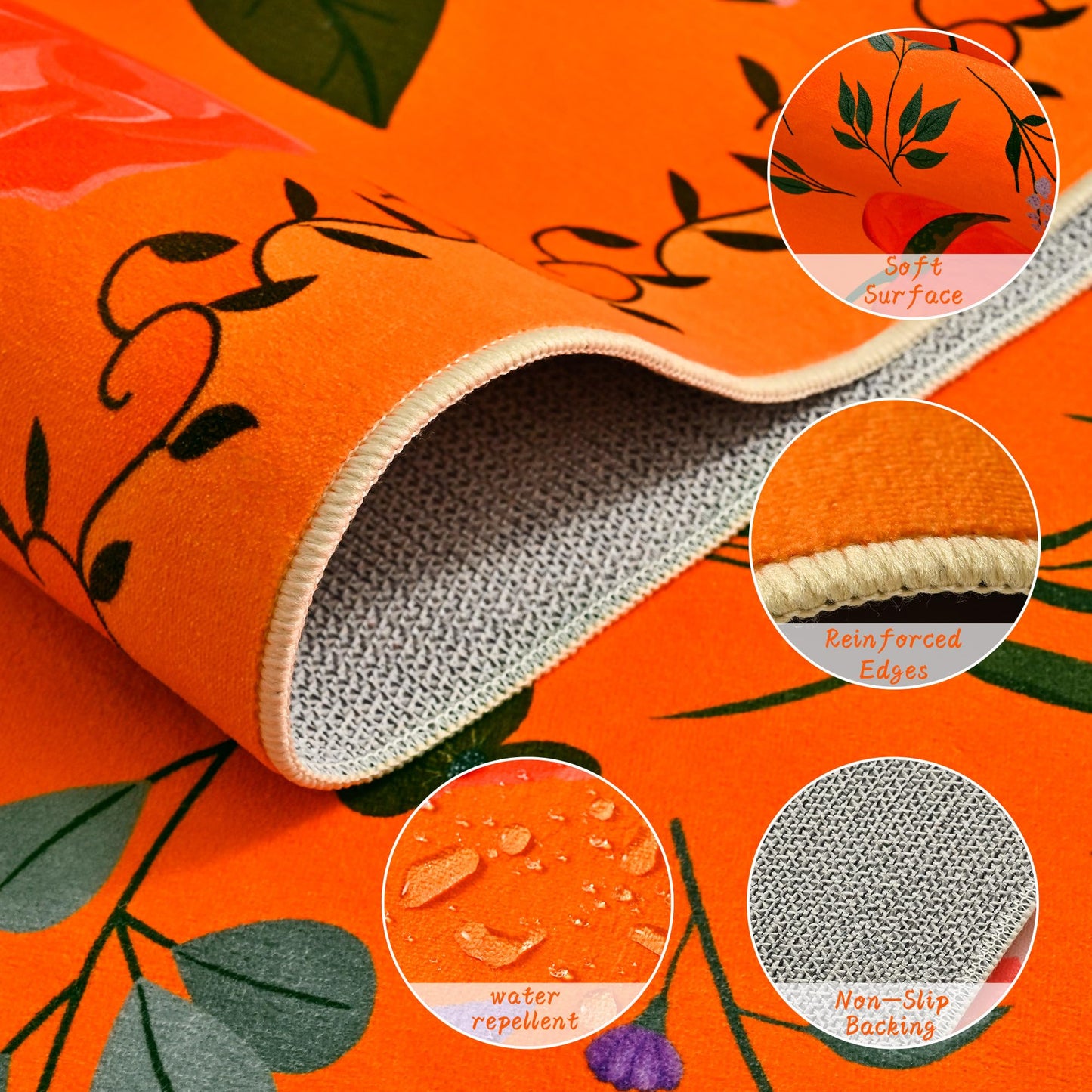 ISEAU Floral Kitchen Rugs 2x6, Washable Boho Flower Area Rug, Non-Slip Low-Pile Carpet with TPE Backing for Bedroom, Kid Friendly Flower Rug for Hallway Nursery Runner Laundry Dining Room, Orange