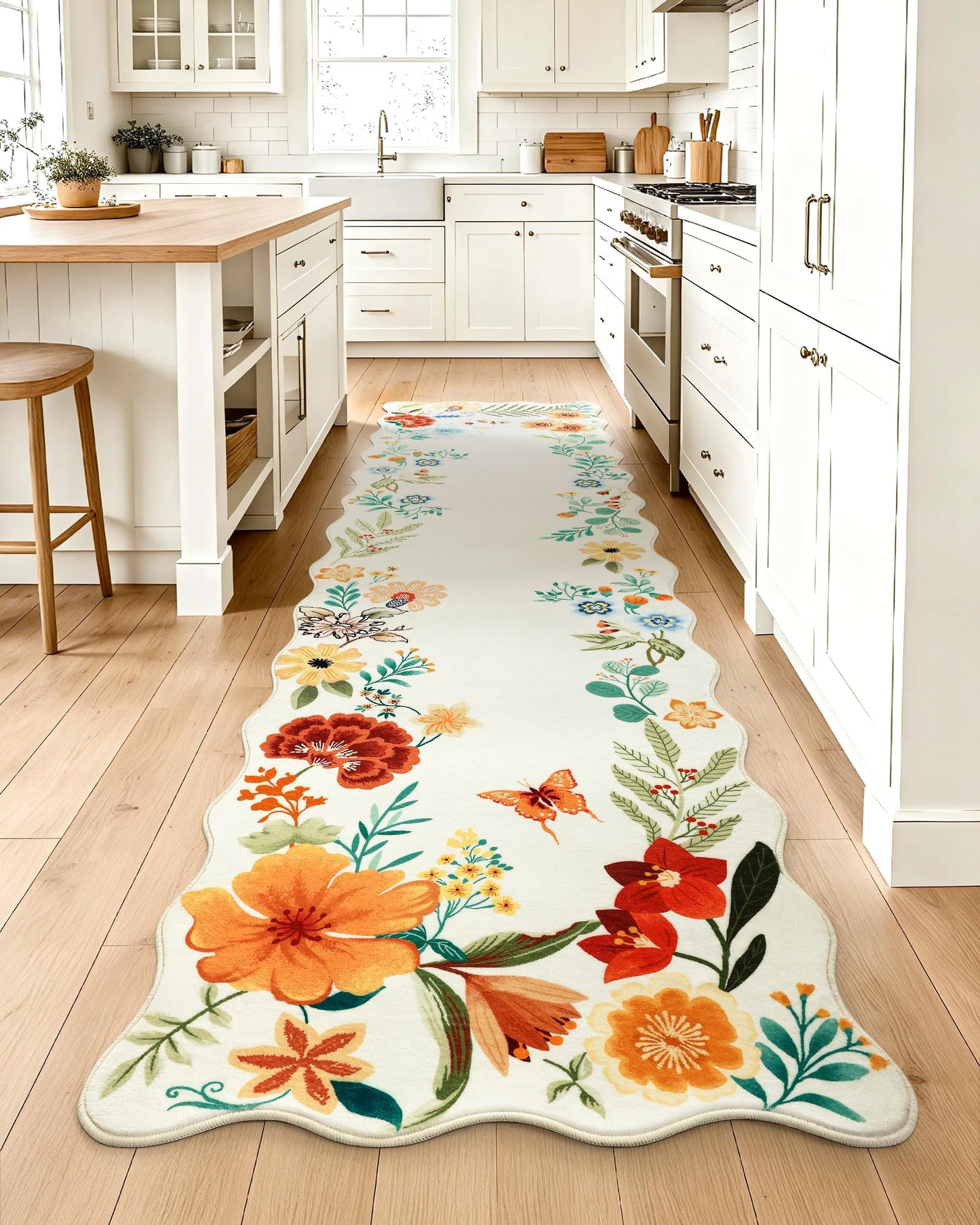Carvapet 2x8 Runner Rug - Scalloped Edges Floral Botanical Carpet, Creamy Beige Washable Unique Wave Edge Runner, Low Pile Non-Slip Floor Mat for Hallway Kitchen Laundry Room