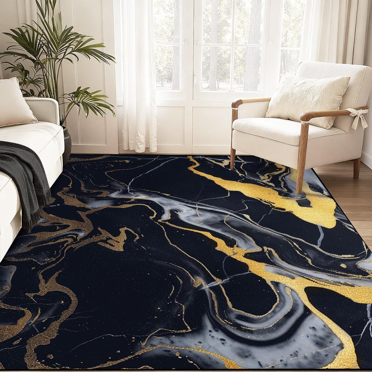 VTKON 5' x 7' Marble Area Rug for Living Room Bedroom Dining Room Black Gold Marble Rug Marble-Patterned Carpet Marbled Throw Rug for Kids Adults Washable Floor Mat Non-Slip Carpet Game Room Decor