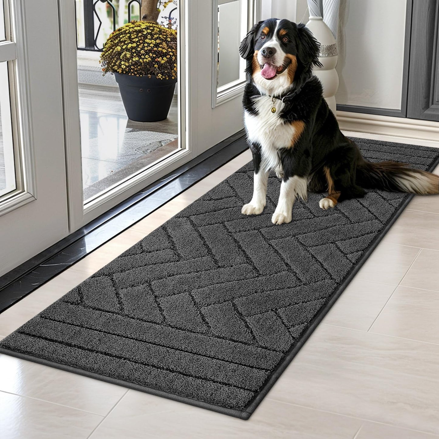 Tindbea Dog Mat for Mud Paws,Absorbs Moisture Dirt Non-Slip Washable Mud Mat for Dogs,Soft Rubber Backing Front Inside Pet Rug for Entryway, Dog Paws, Patio(20"x48",Charcoal)