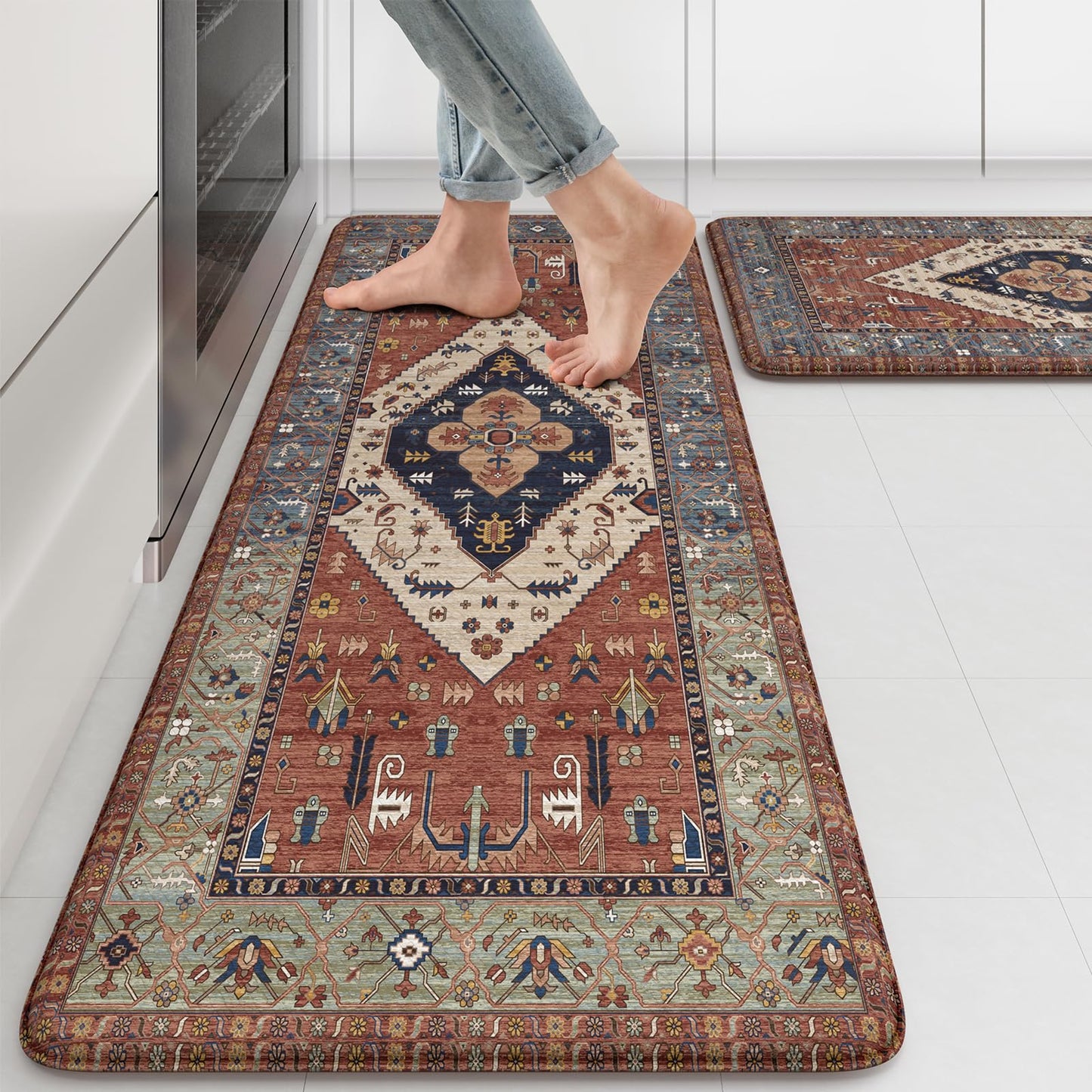 KIMODE Farmhouse Kitchen Mats, Anti Fatigue Kitchen Rugs Sets of 2, Non Slip Waterproof Kitchen Floor Mats, Ergonomic Cushioned Comfort Standing Mat, Red Laundry Room Rug for Office, Sink, Desk