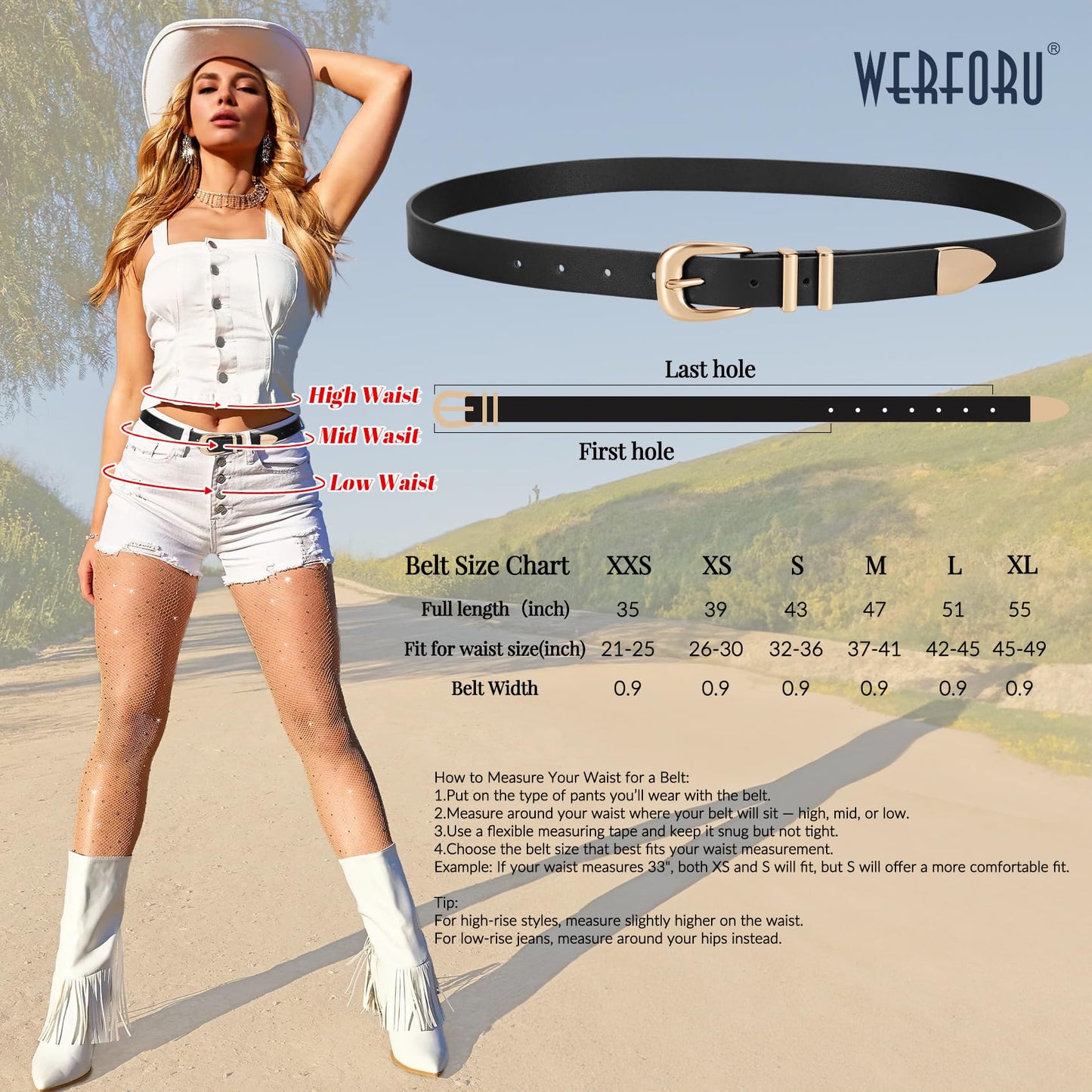 WERFORU Women Leather Belt Fashion Leather Waist Belt for Pants Jean Ladies Western Thin Belt with Gold/Silver Buckle （Fit Waist Size 31"-36",Black-Gold Buckle